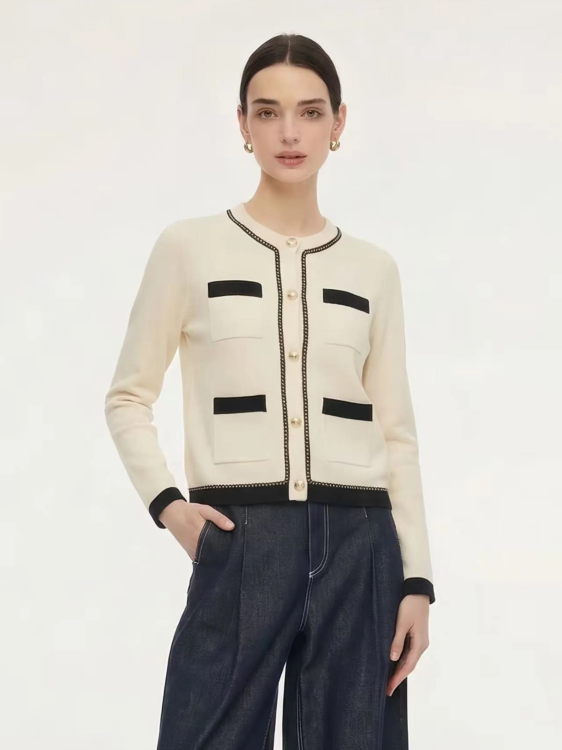 Tencel Blend Contrast Trim Women Cardigan sold by Goelia