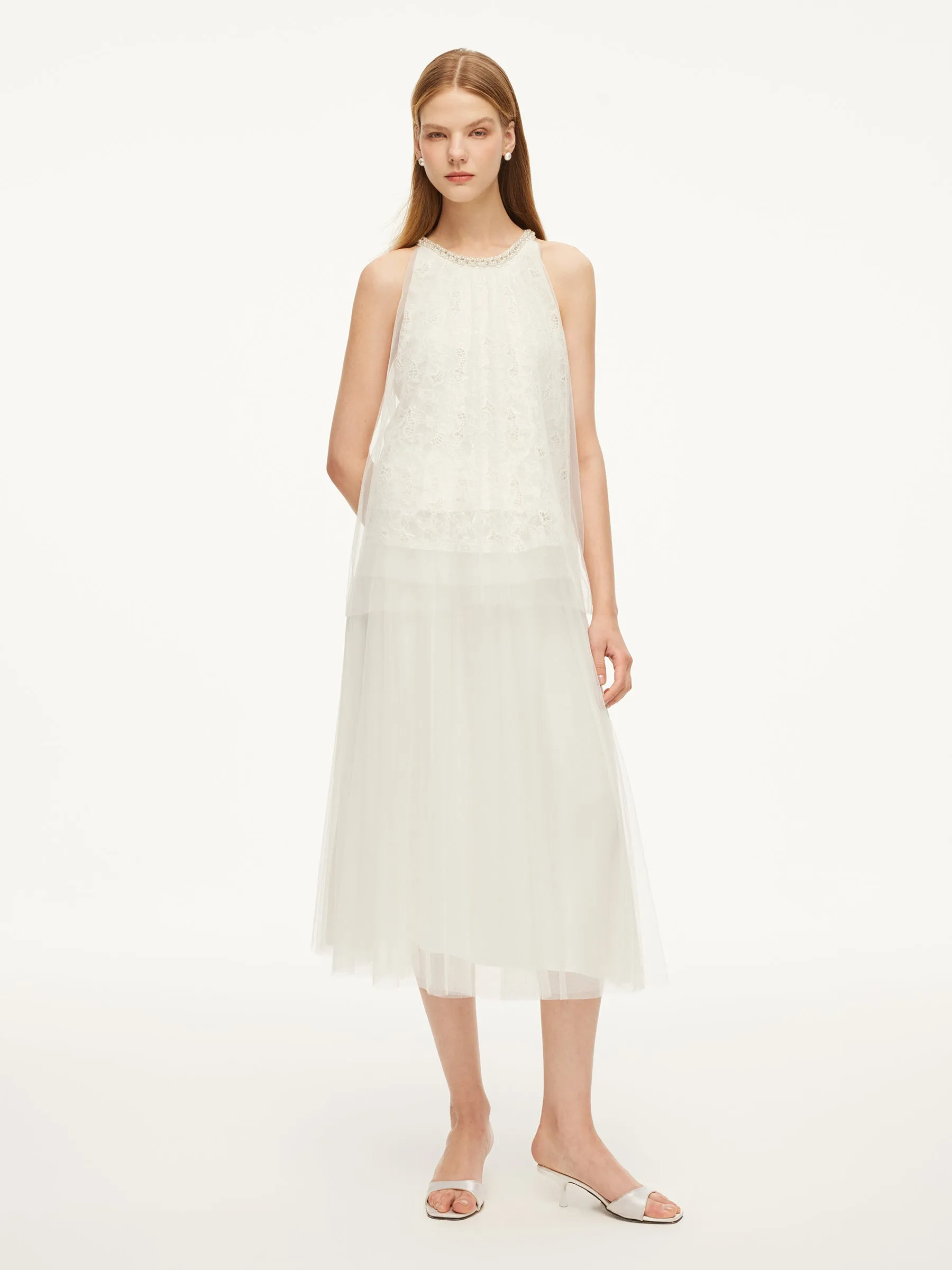 Lace Embroidered Sequins Halter Top And Mesh Skirt Two-Piece Set sold by Goelia product image thumbnail 5