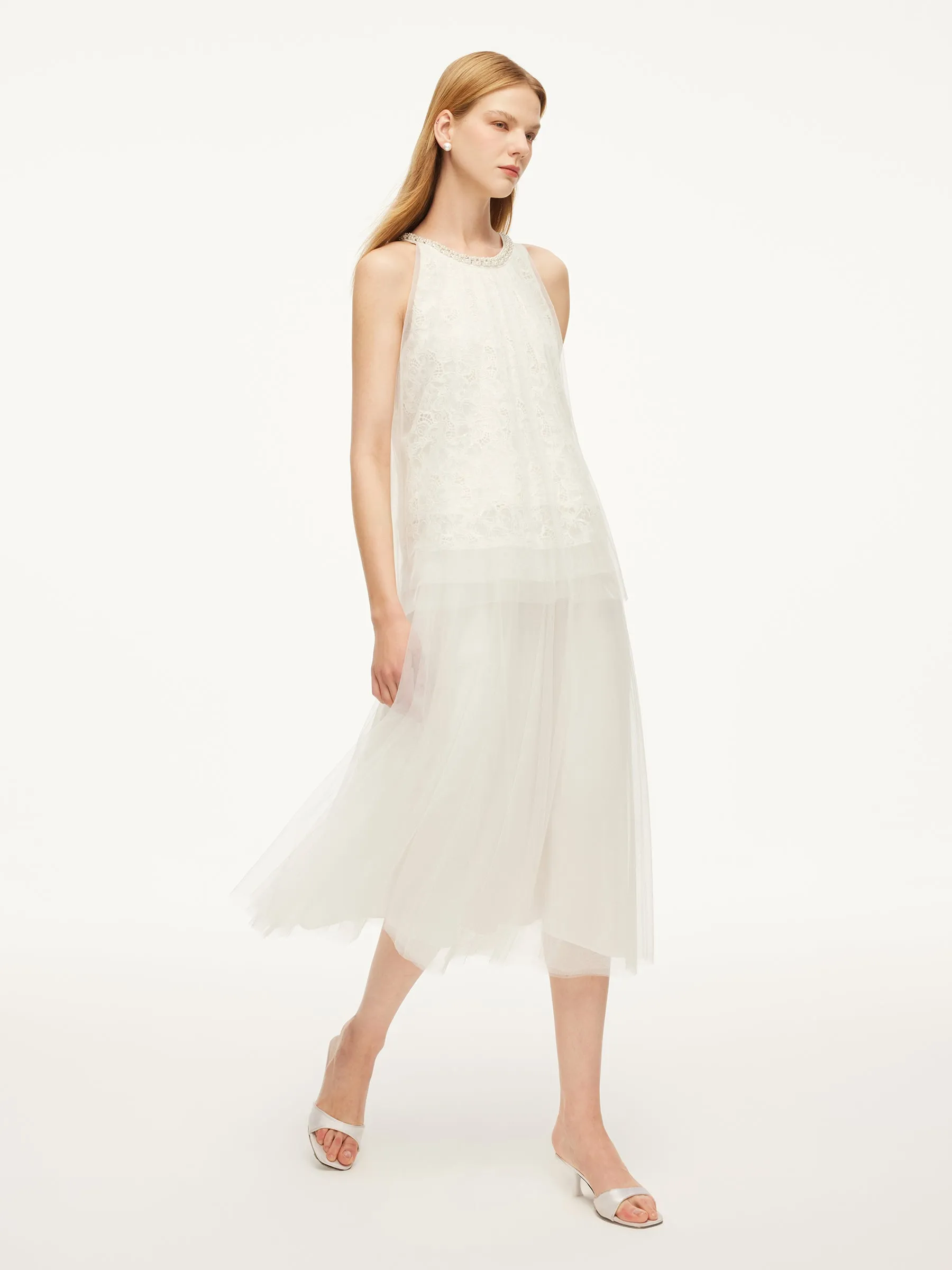Lace Embroidered Sequins Halter Top And Mesh Skirt Two-Piece Set sold by Goelia product image thumbnail 3