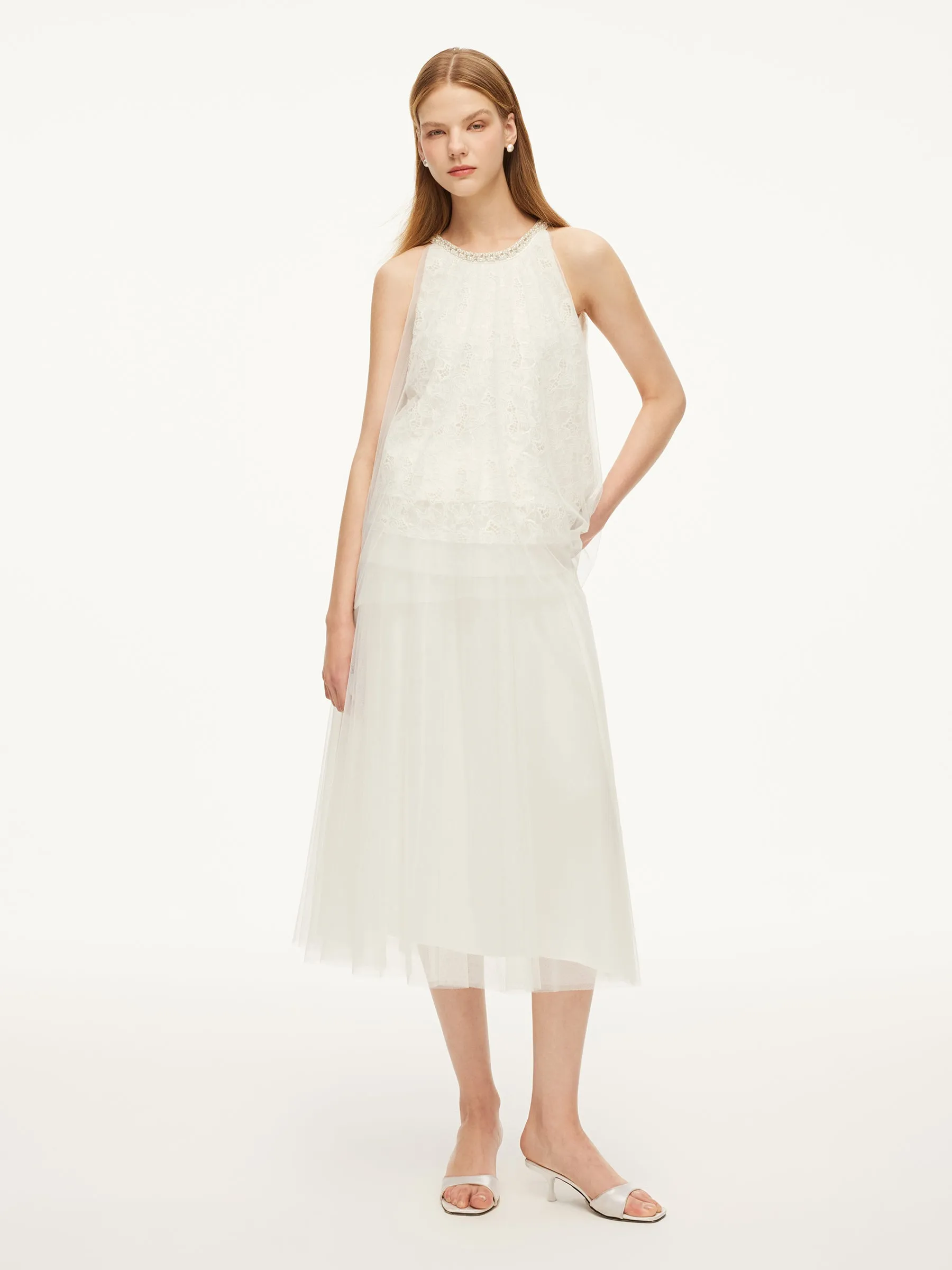 Lace Embroidered Sequins Halter Top And Mesh Skirt Two-Piece Set sold by Goelia