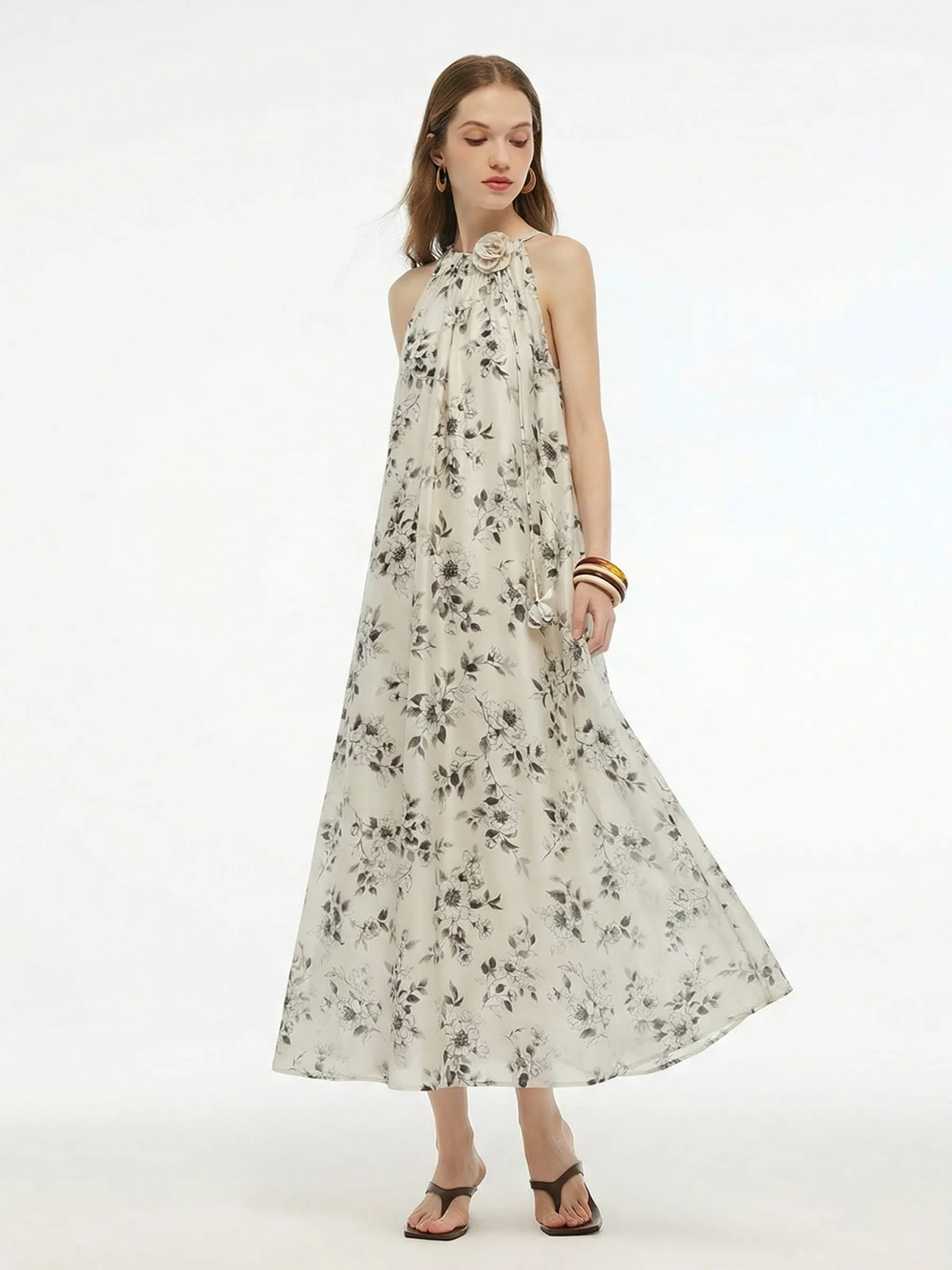 Floral Print Women Halter Maxi Dress With Ribbon sold by Goelia product image thumbnail 4