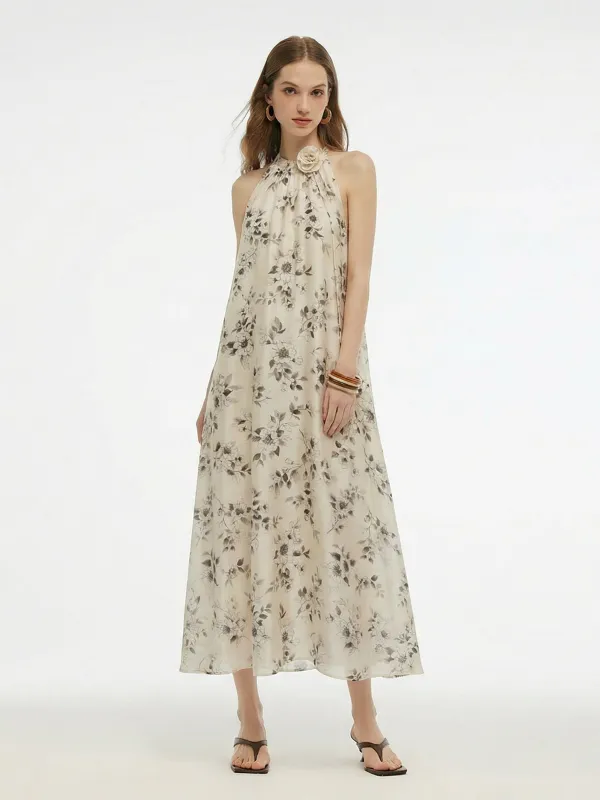Floral Print Women Halter Maxi Dress With Ribbon made by Goelia