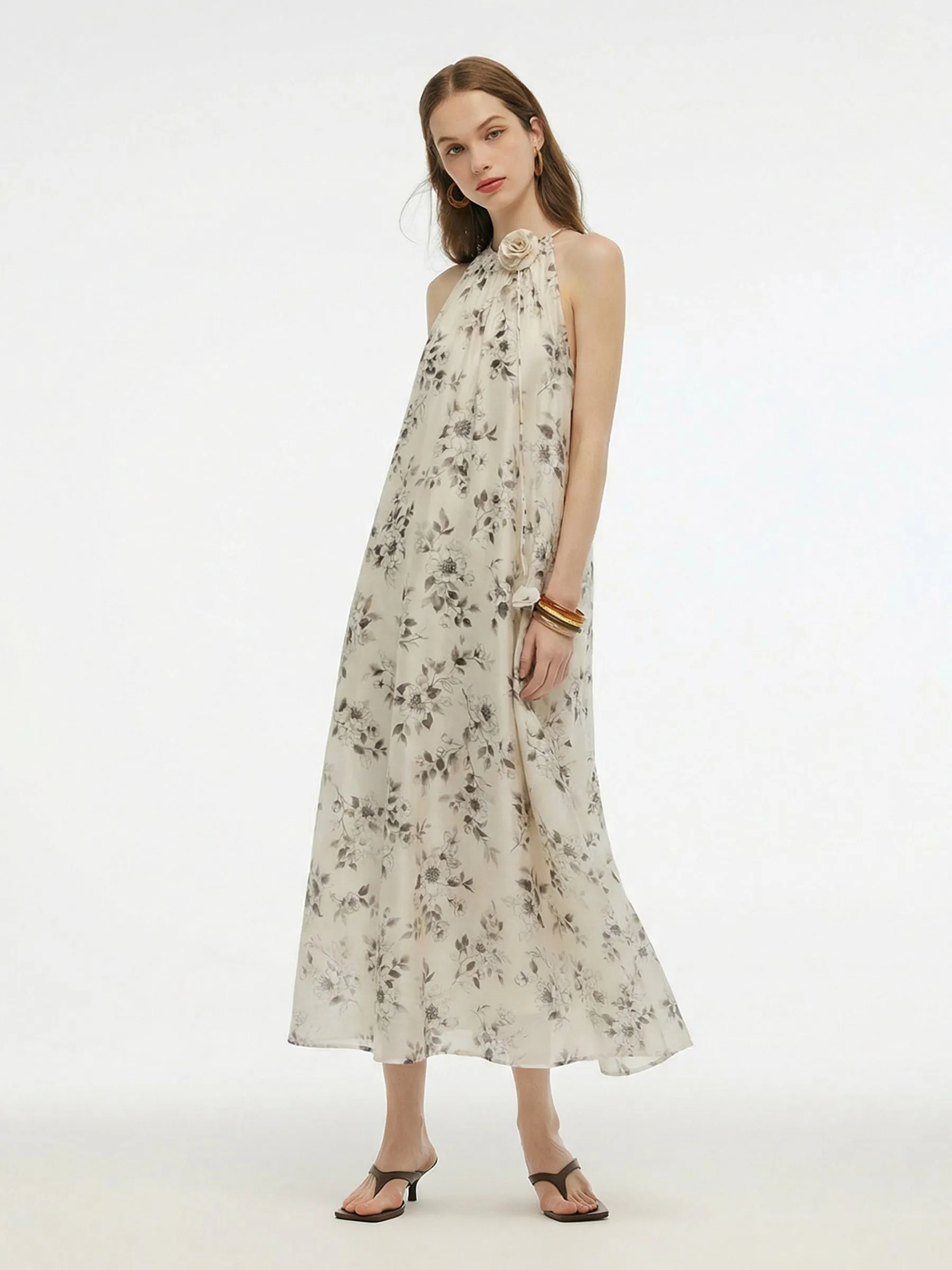 Floral Print Women Halter Maxi Dress With Ribbon sold by Goelia product image thumbnail 3