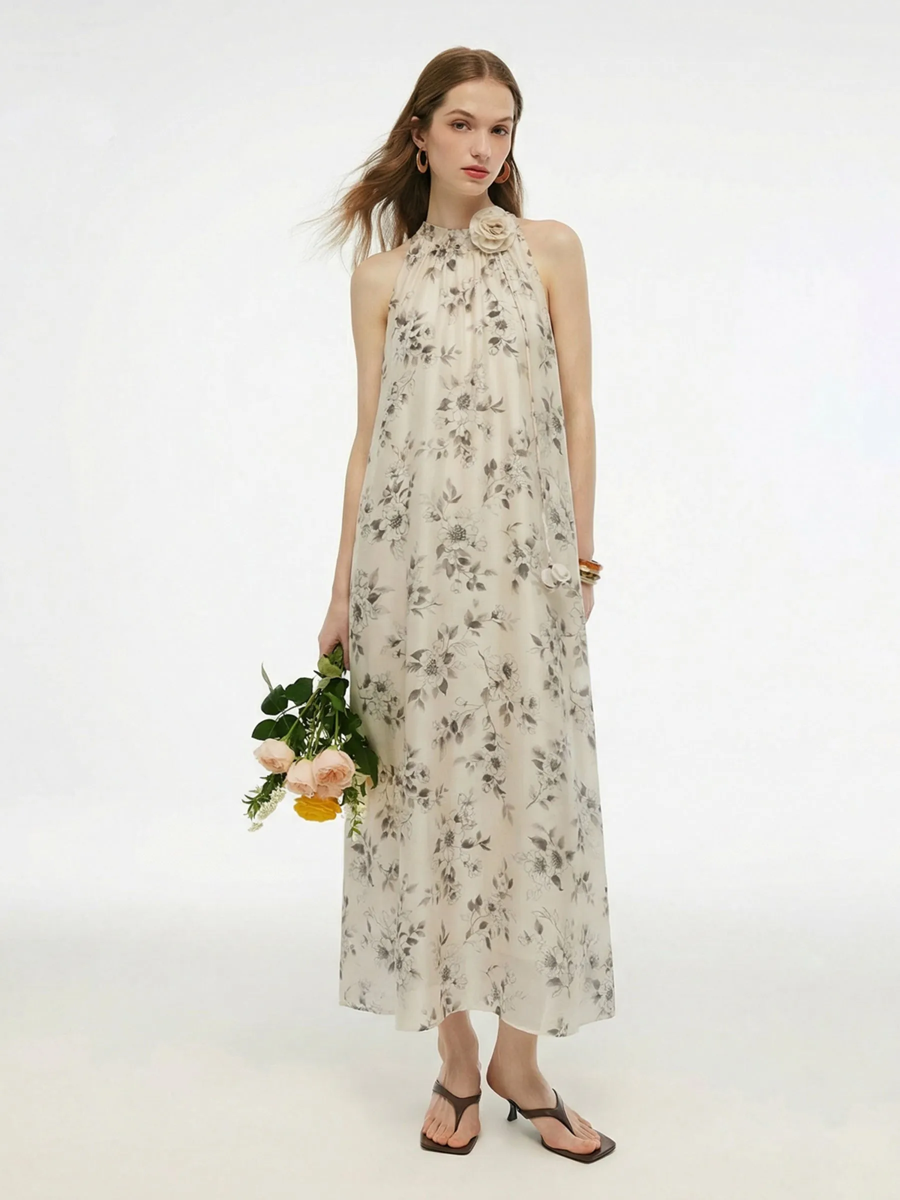 Floral Print Women Halter Maxi Dress With Ribbon sold by Goelia product image thumbnail 2