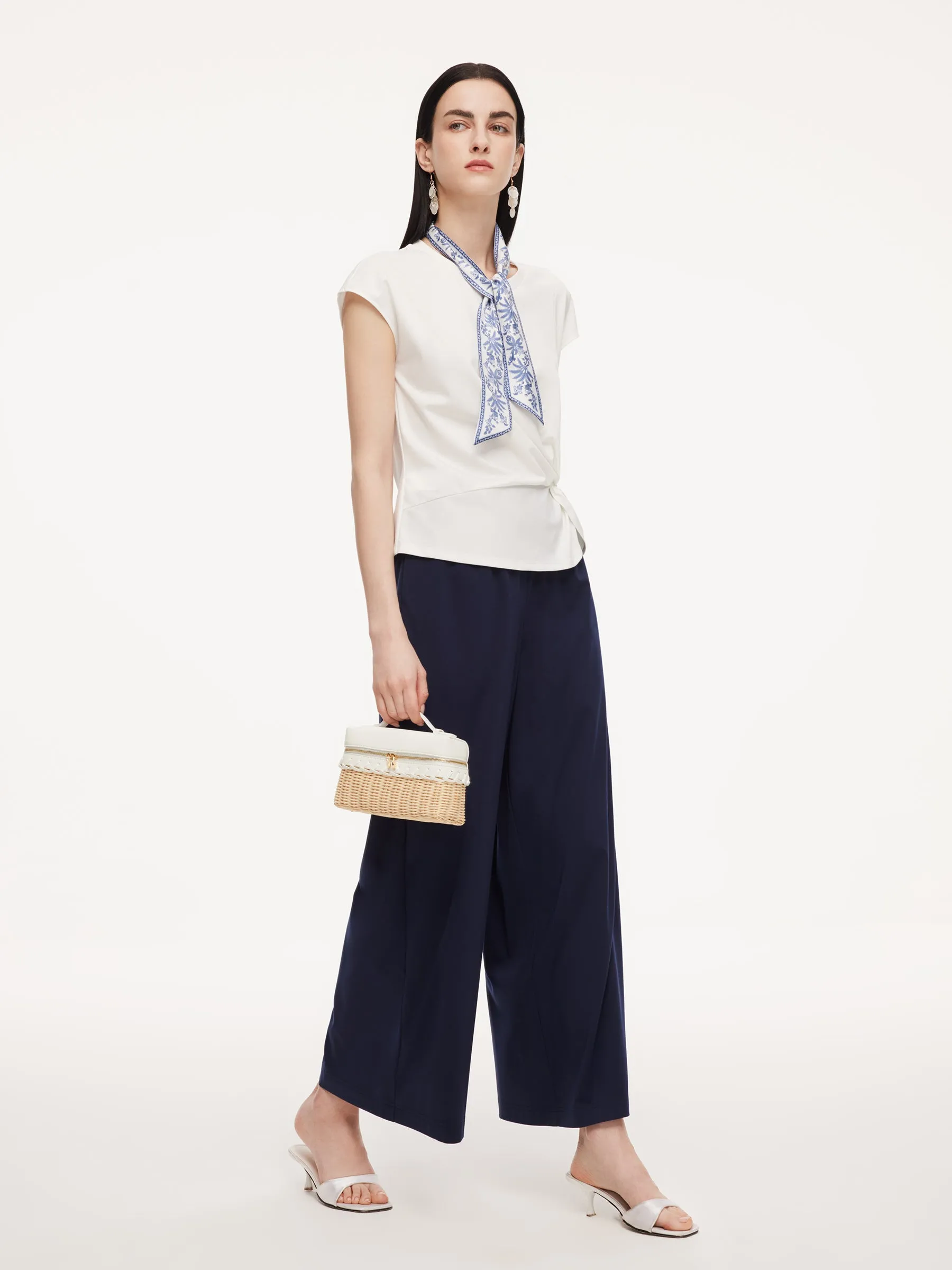 Tencel Blend Twist Front Top And Wide Leg Pants Two-Piece Set With Silk Scarf sold by Goelia product image thumbnail 3
