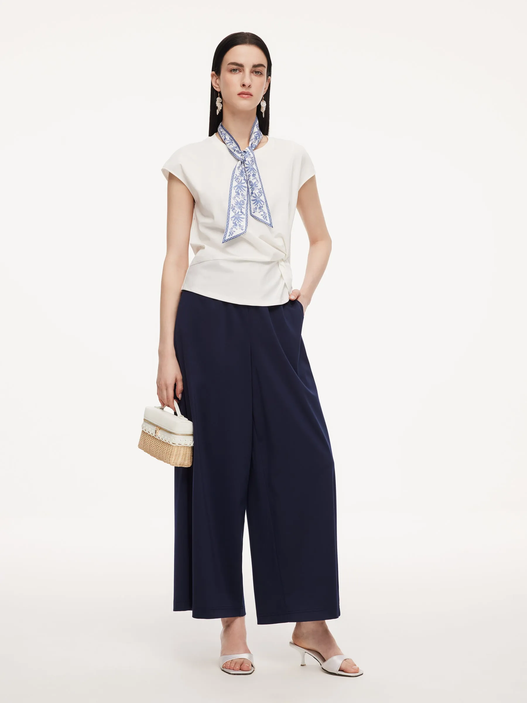 Tencel Blend Twist Front Top And Wide Leg Pants Two-Piece Set With Silk Scarf sold by Goelia