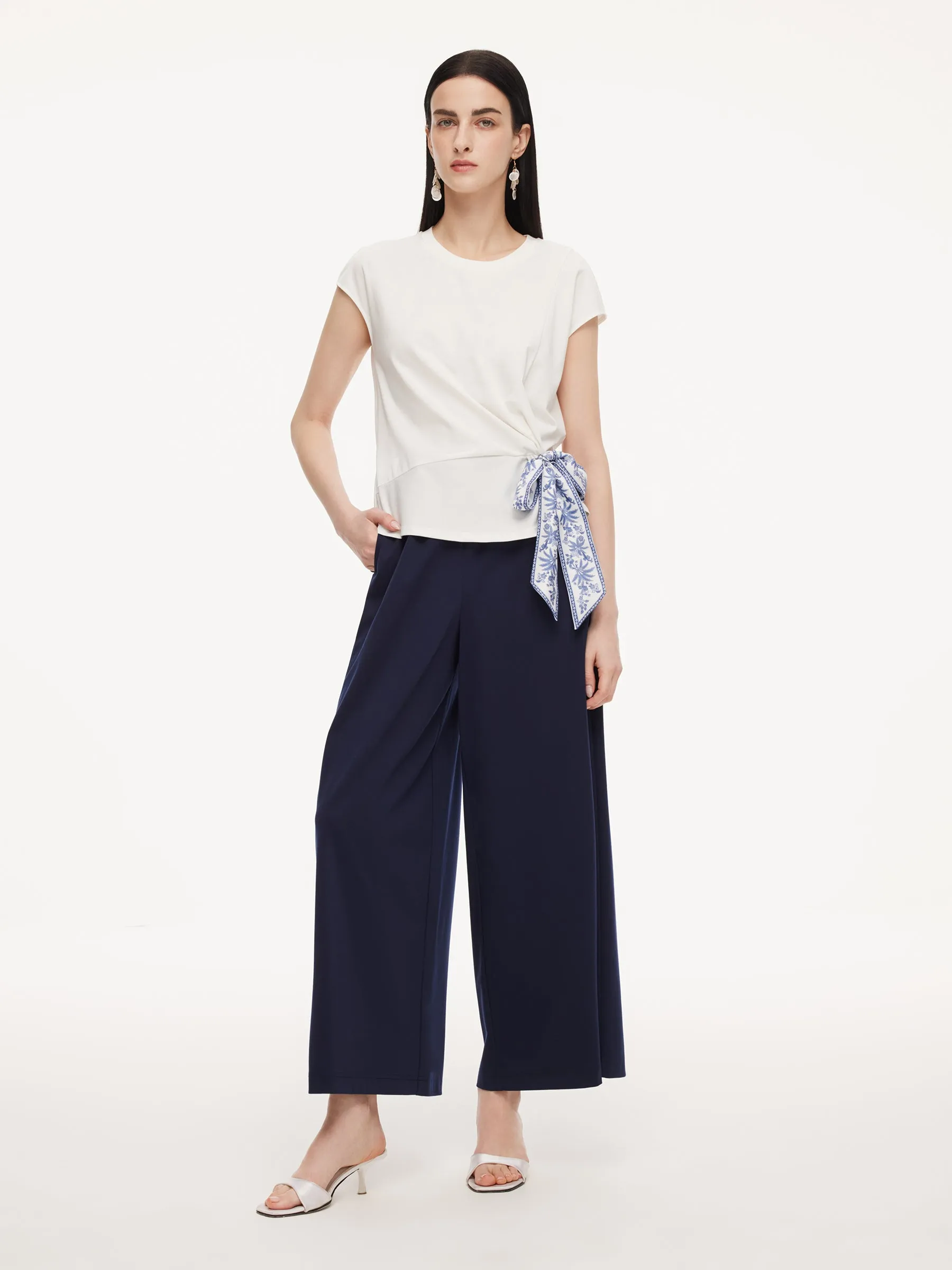 Tencel Blend Twist Front Top And Wide Leg Pants Two-Piece Set With Silk Scarf sold by Goelia product image thumbnail 2