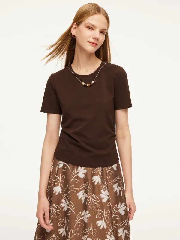 Side Twist Women T-Shirt With Detachable Beaded Necklace made by Goelia