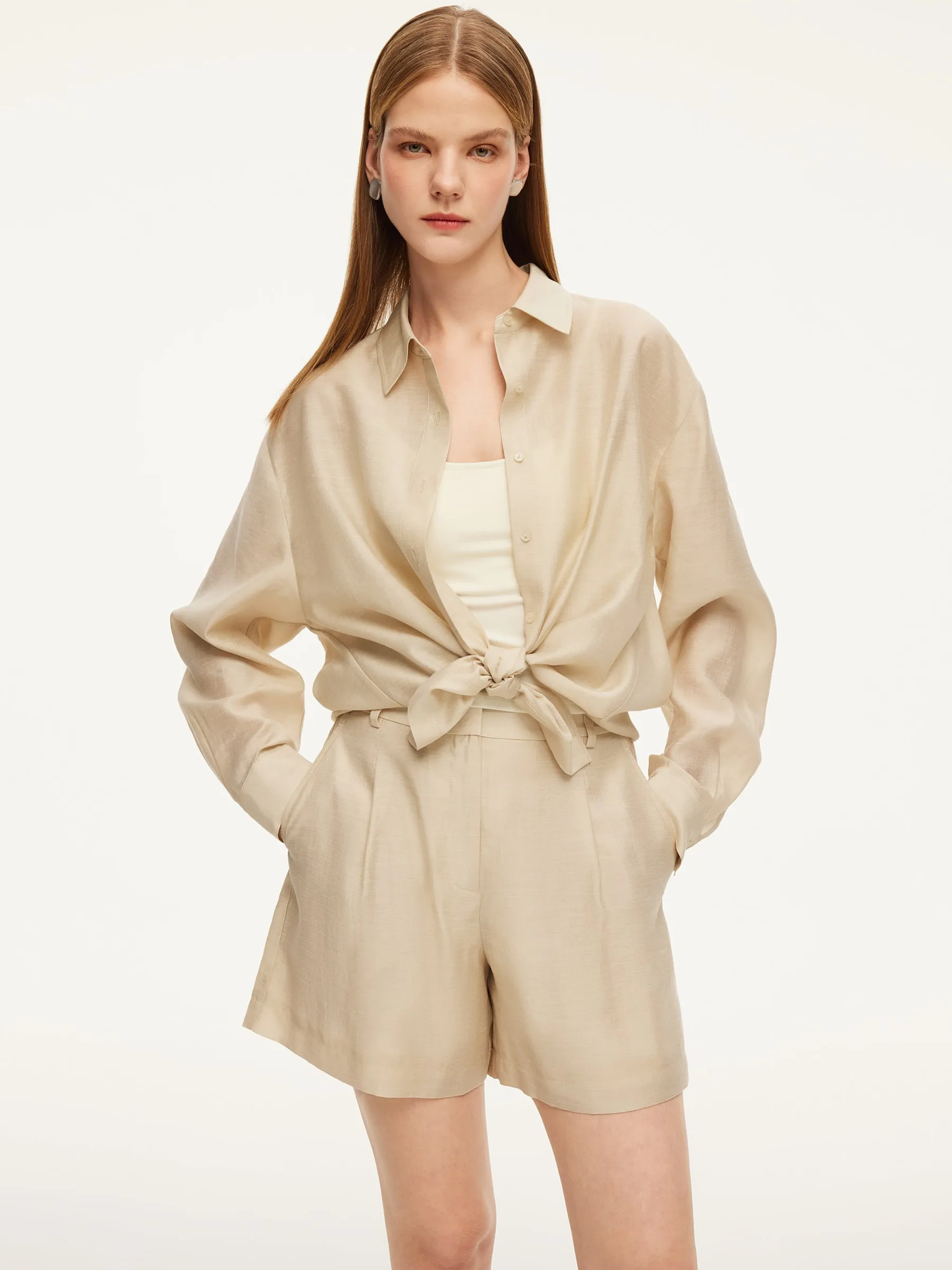 Tencel Acetate Linen Blend Women Sheer Oversized Shirt & Camisole Two-Piece Set sold by Goelia