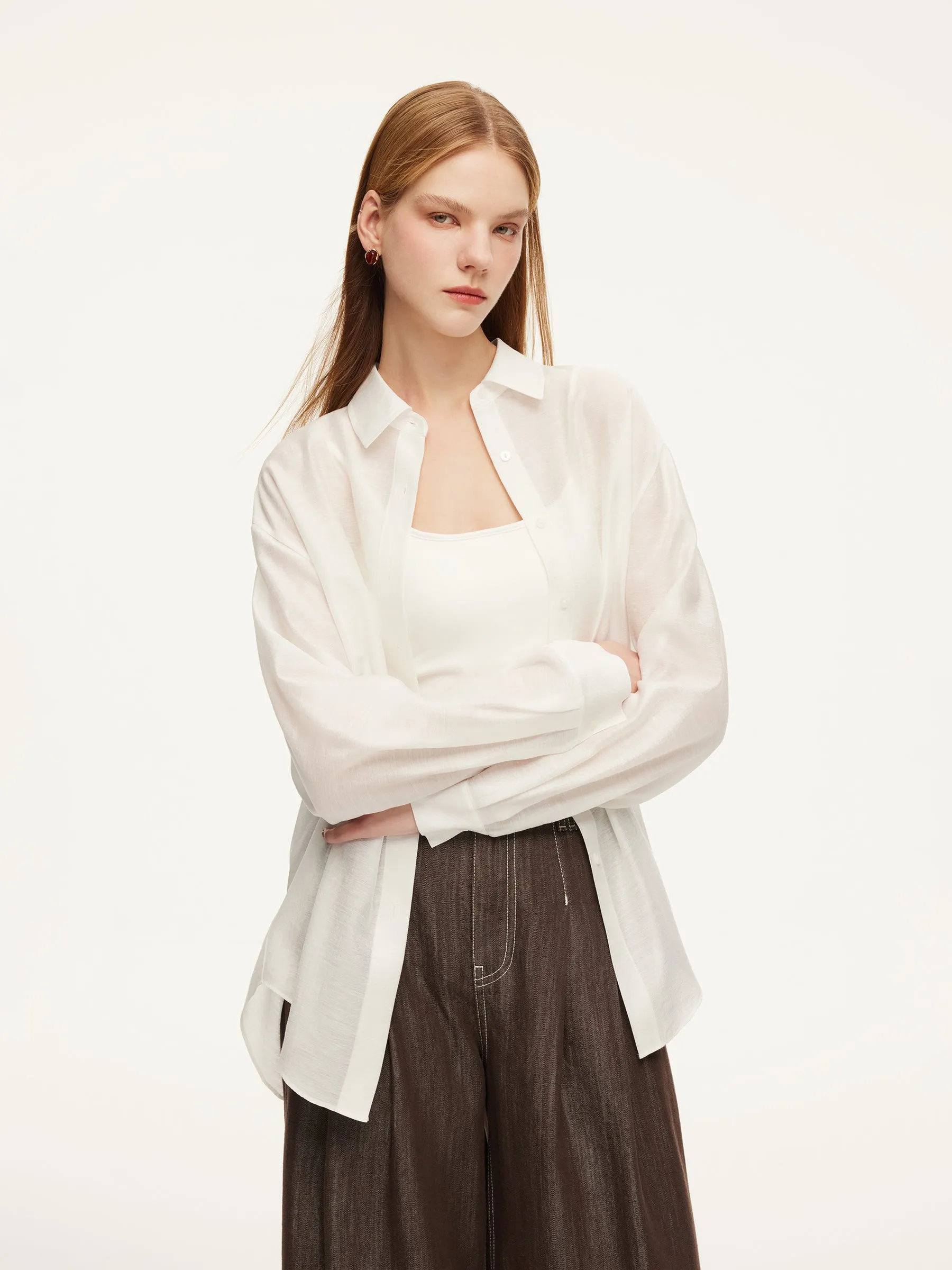 Tencel Acetate Linen Blend Women Sheer Oversized Shirt & Camisole Two-Piece Set sold by Goelia product image thumbnail 2