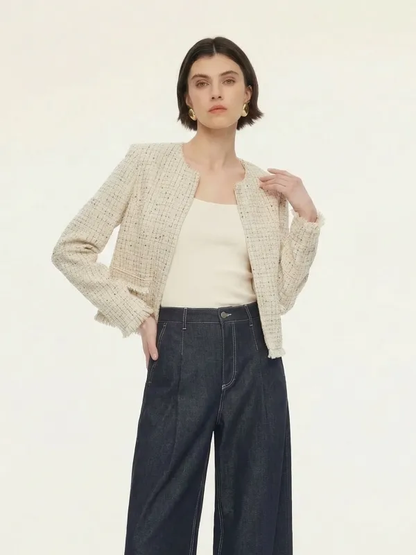 Pre-Order Wool Blend Tweed Frayed Hem Women Jacket sold by Goelia