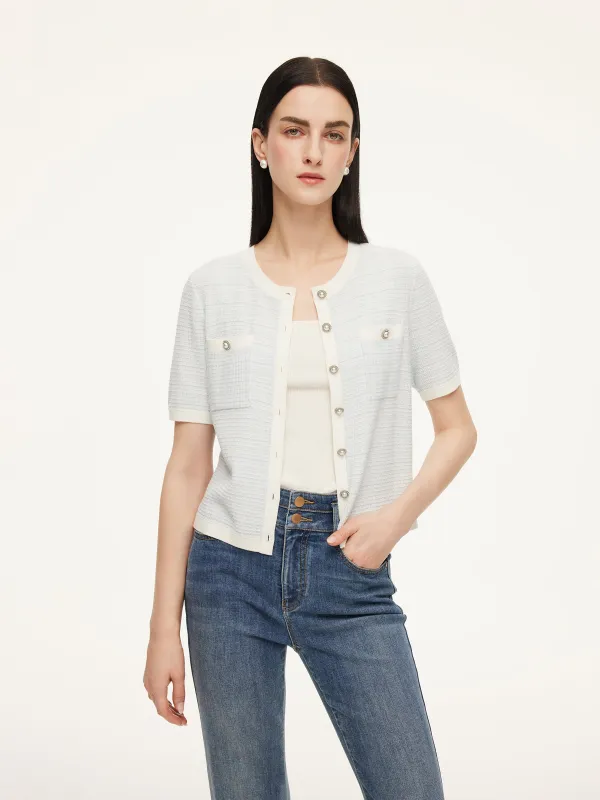 Tencel Blend Contrast Trim Women Textured Cardigan made by Goelia