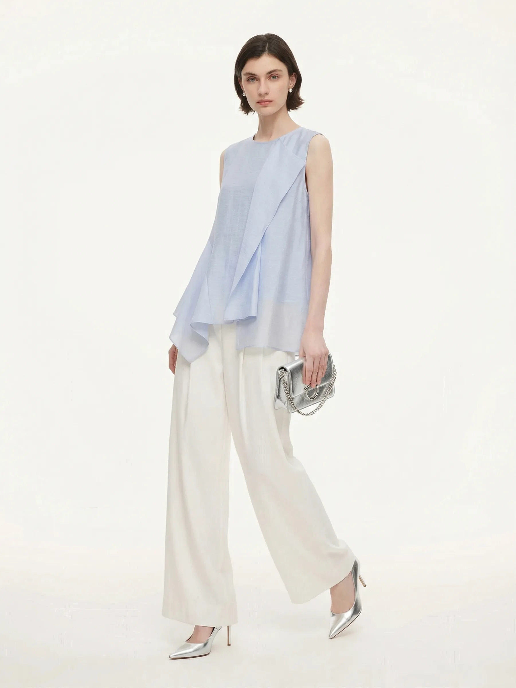 Lyocell Blend Light Blue Ruffle-Detailing Women Tank Top sold by Goelia product image thumbnail 4