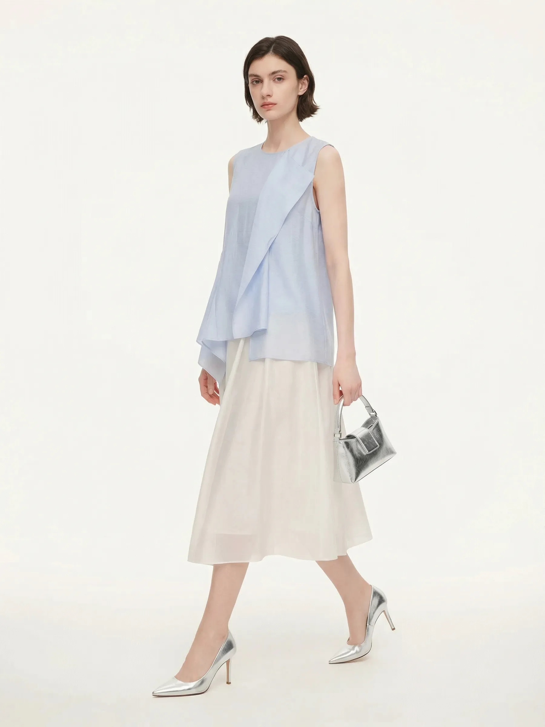 Lyocell Blend Light Blue Ruffle-Detailing Women Tank Top sold by Goelia product image thumbnail 3