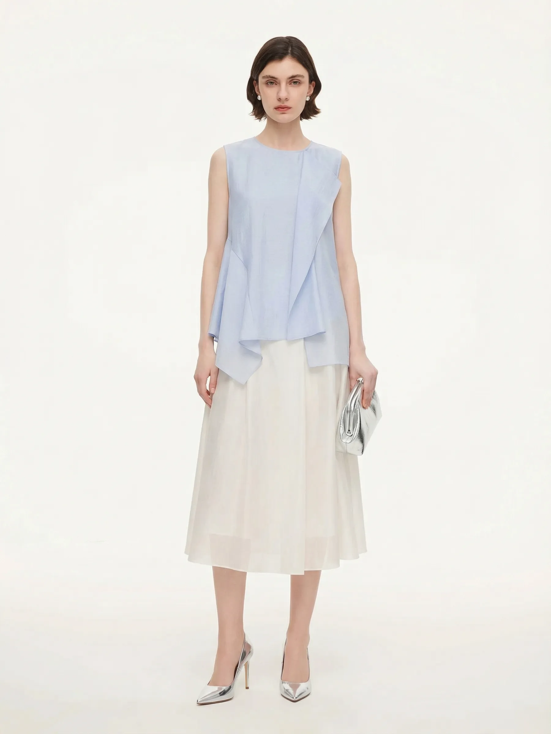 Lyocell Blend Light Blue Ruffle-Detailing Women Tank Top sold by Goelia product image thumbnail 2