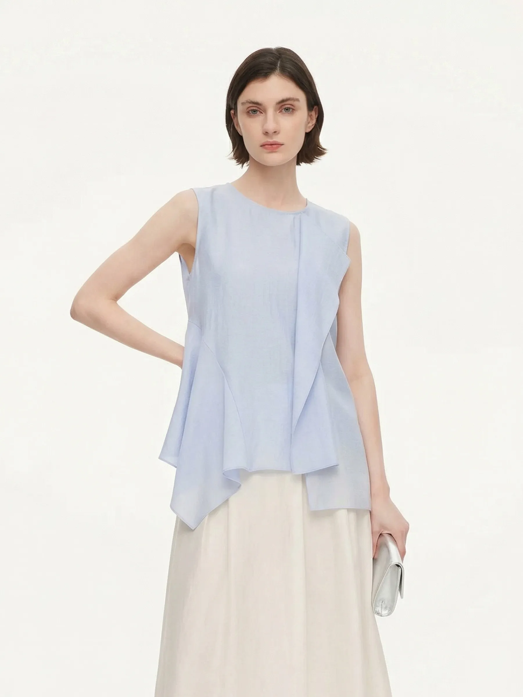 Lyocell Blend Light Blue Ruffle-Detailing Women Tank Top sold by Goelia