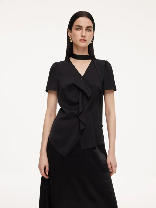 [Preview] 22MM Mulberry Silk Asymmetrical Hem Women Blouse With Ribbon made by Goelia