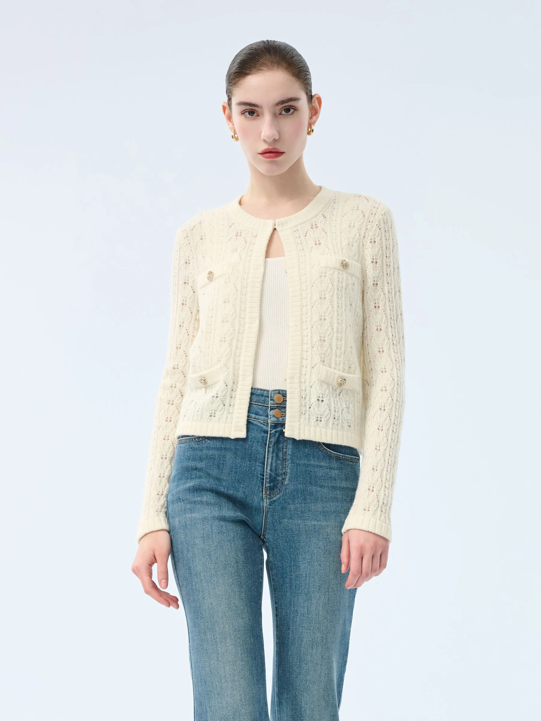 100% Wool Open Knit Women Cardigan sold by Goelia