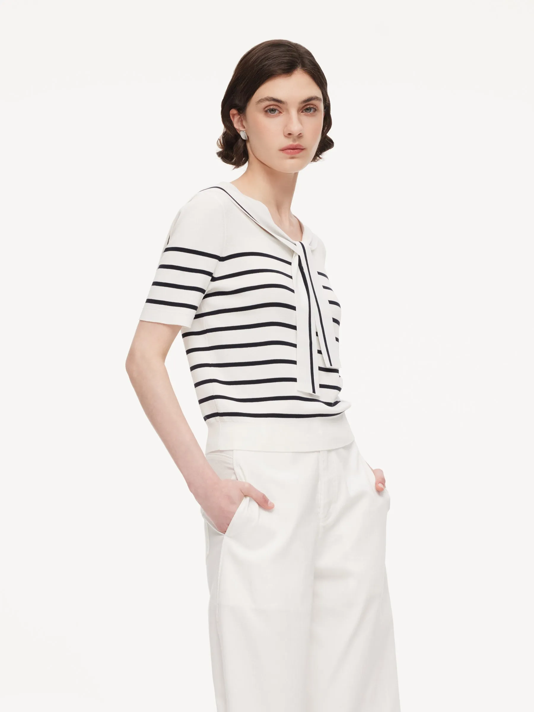 Lyocell Blend Stripe Women Knit Top With Detachable Sailor Collar sold by Goelia product image thumbnail 4