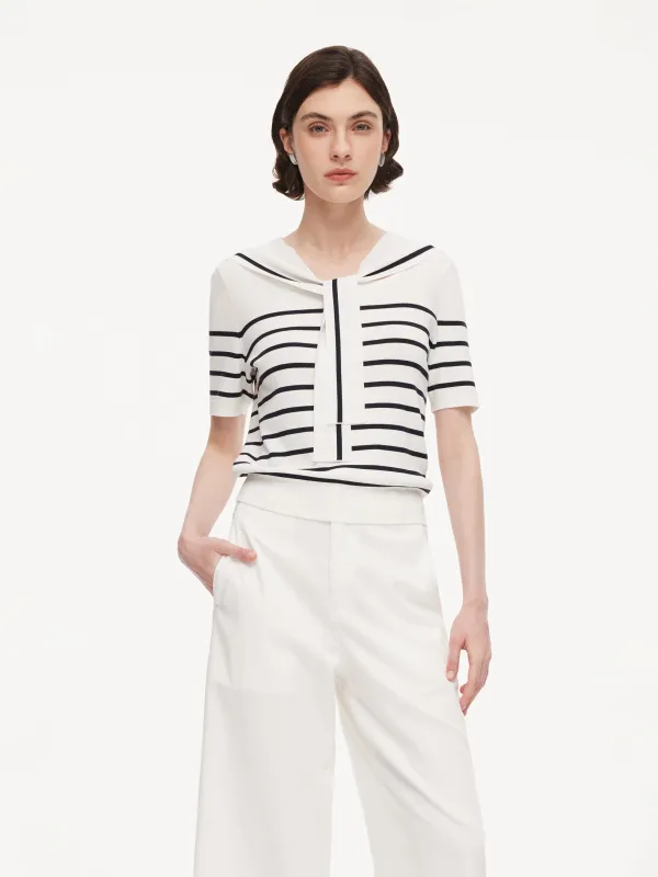 Lyocell Blend Stripe Women Knit Top With Detachable Sailor Collar made by Goelia