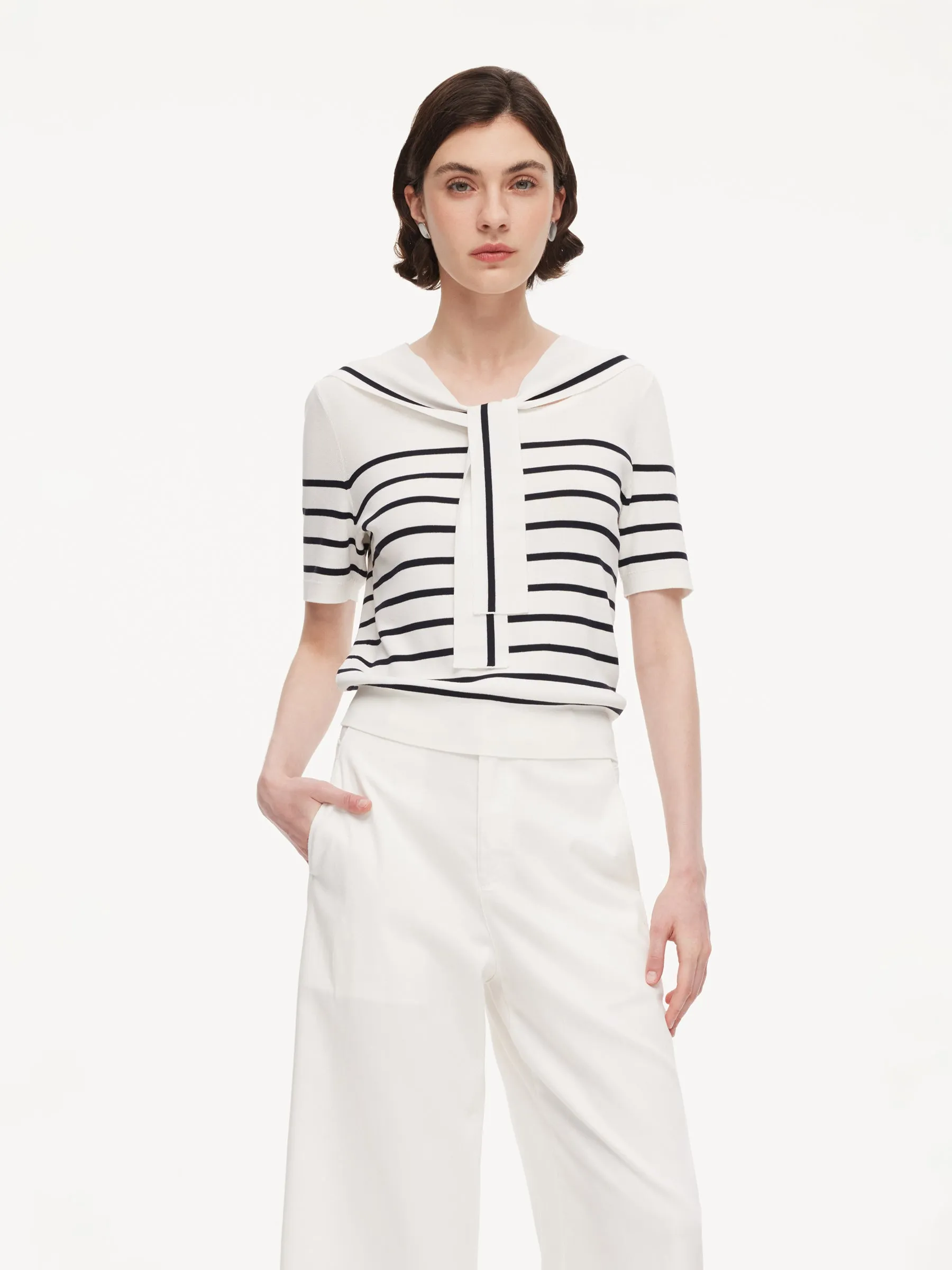 Lyocell Blend Stripe Women Knit Top With Detachable Sailor Collar sold by Goelia