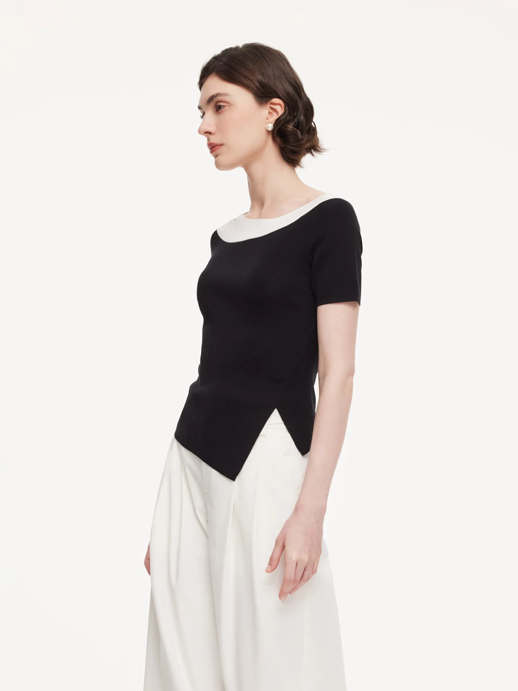 Tencel Blend Color Block Women Cut-Out Knit Top sold by Goelia product image thumbnail 2