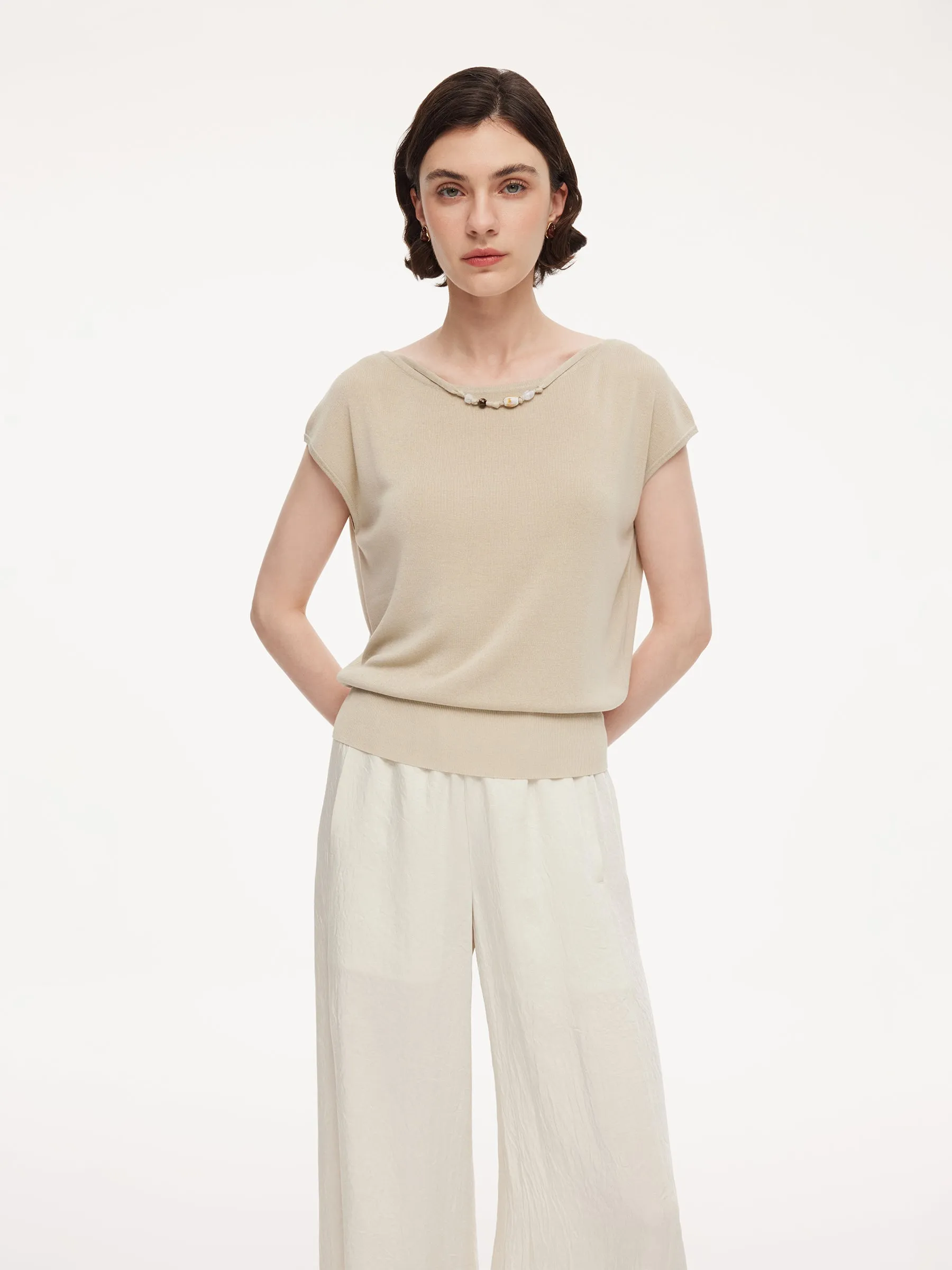 Tencel Mulberry Silk Blend Women Knit Top With Detachable Necklace sold by Goelia