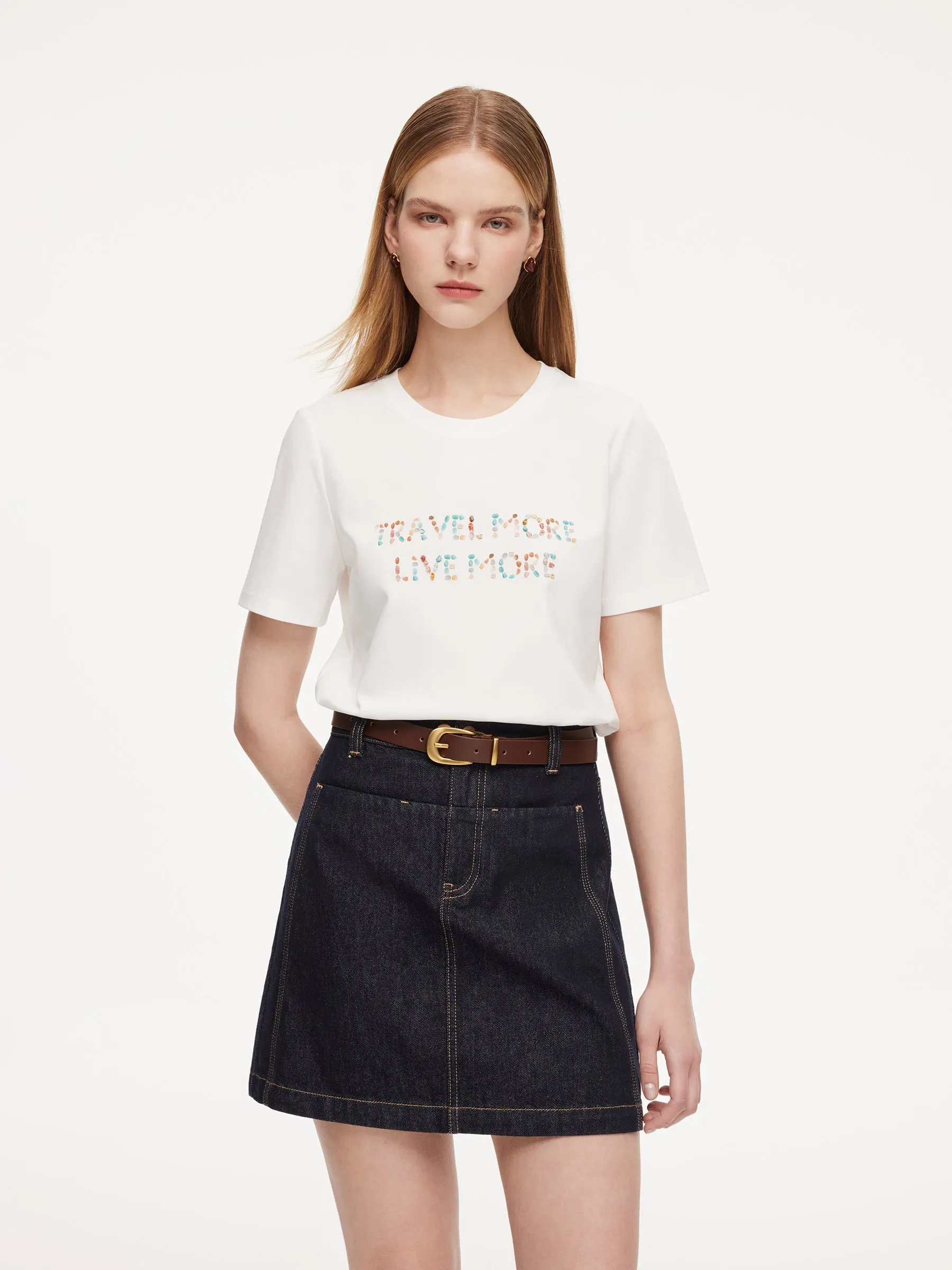 100% Cotton Beaded Letter Women T-Shirt sold by Goelia