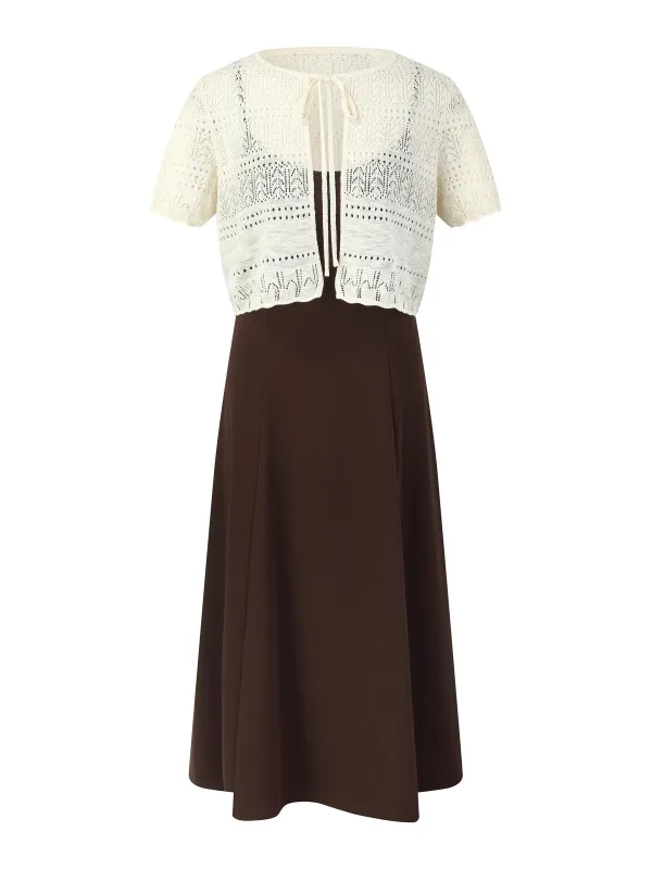 [Preview] Tie Front Openwork Cardigan And Knit Strap Dress Two-Piece Set made by Goelia