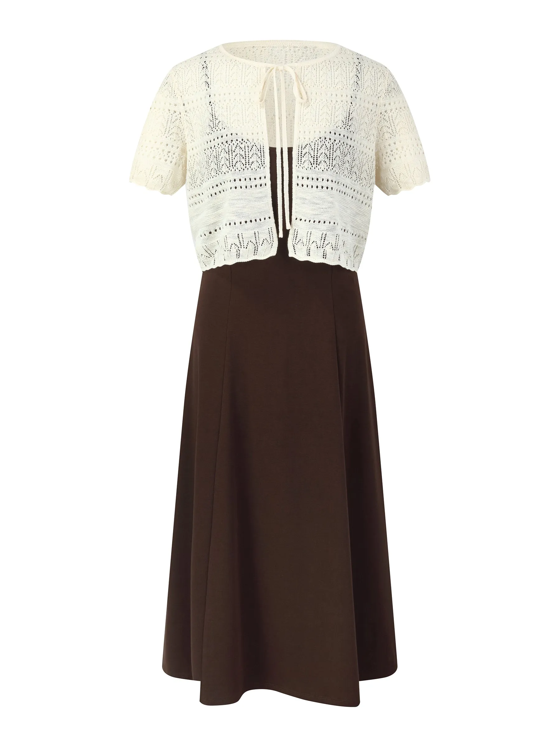 Tie Front Openwork Cardigan And Knit Strap Dress Two-Piece Set sold by Goelia