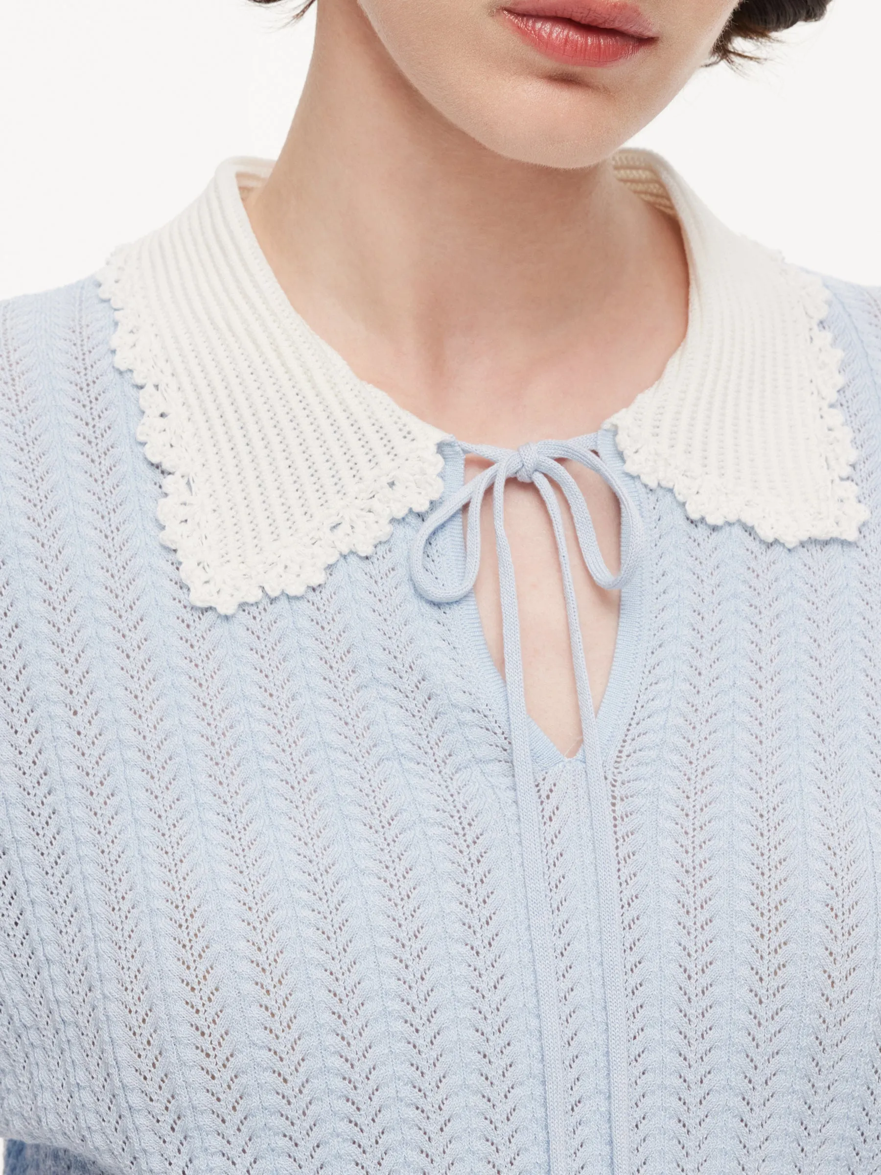 Tencel Blend Color Block Tie Front Women Openwork Knit Top sold by Goelia product image thumbnail 5