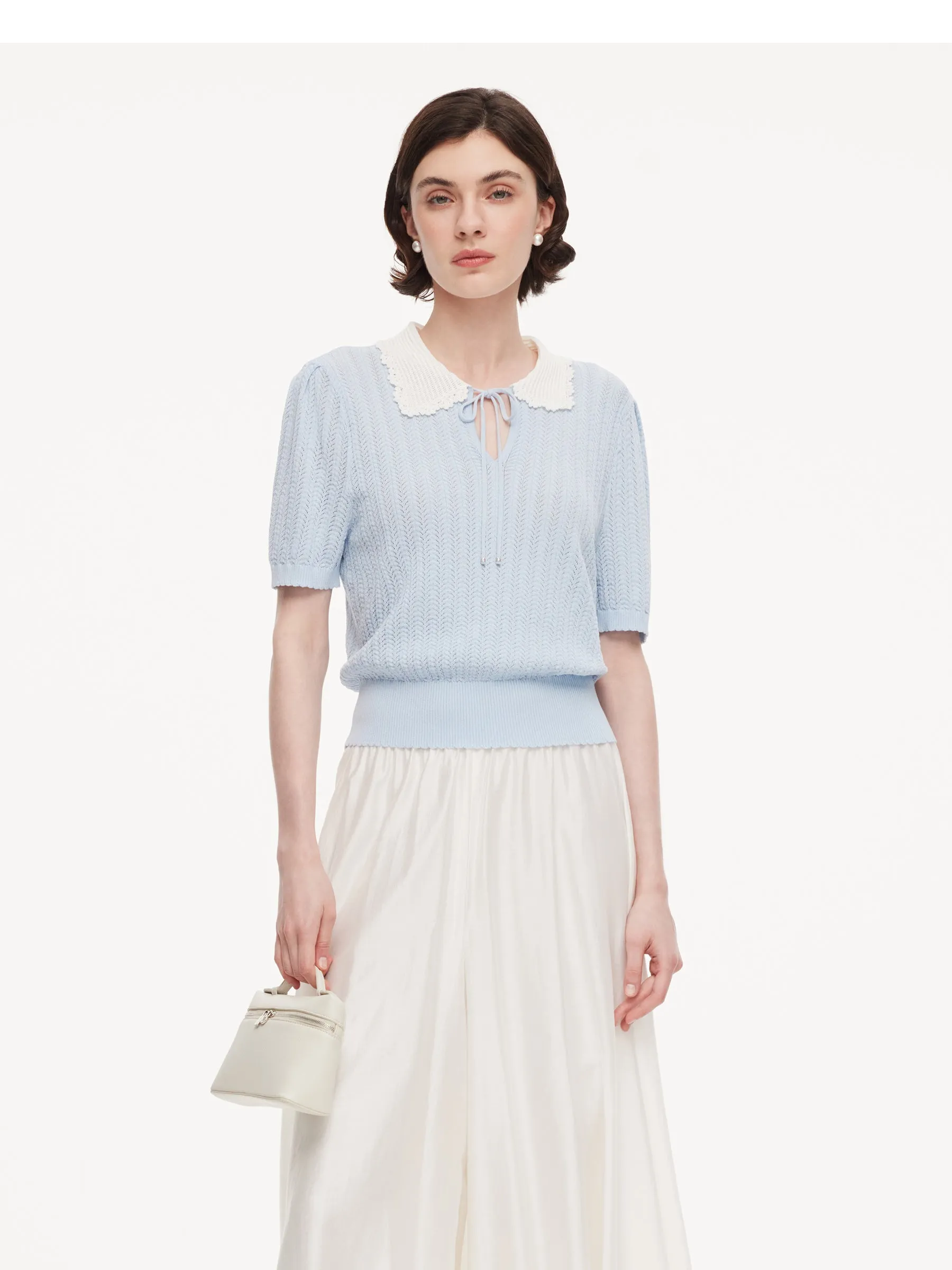 Tencel Blend Color Block Tie Front Women Openwork Knit Top sold by Goelia