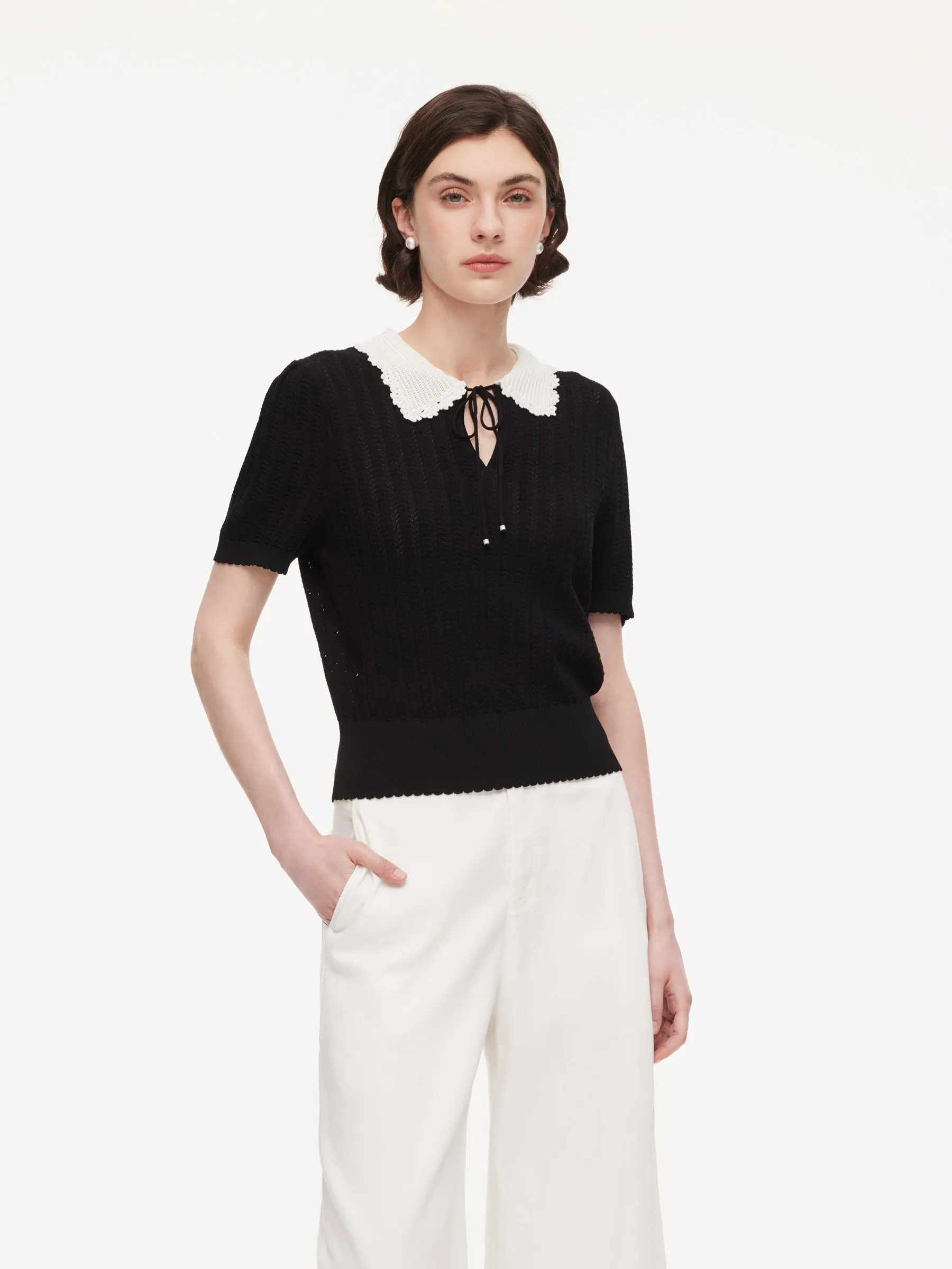 Tencel Blend Color Block Tie Front Women Openwork Knit Top sold by Goelia product image thumbnail 2