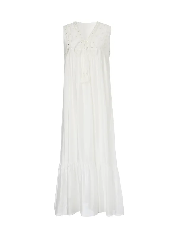 Tencel Blend Embroidered Women Sleeveless Maxi Dress made by Goelia