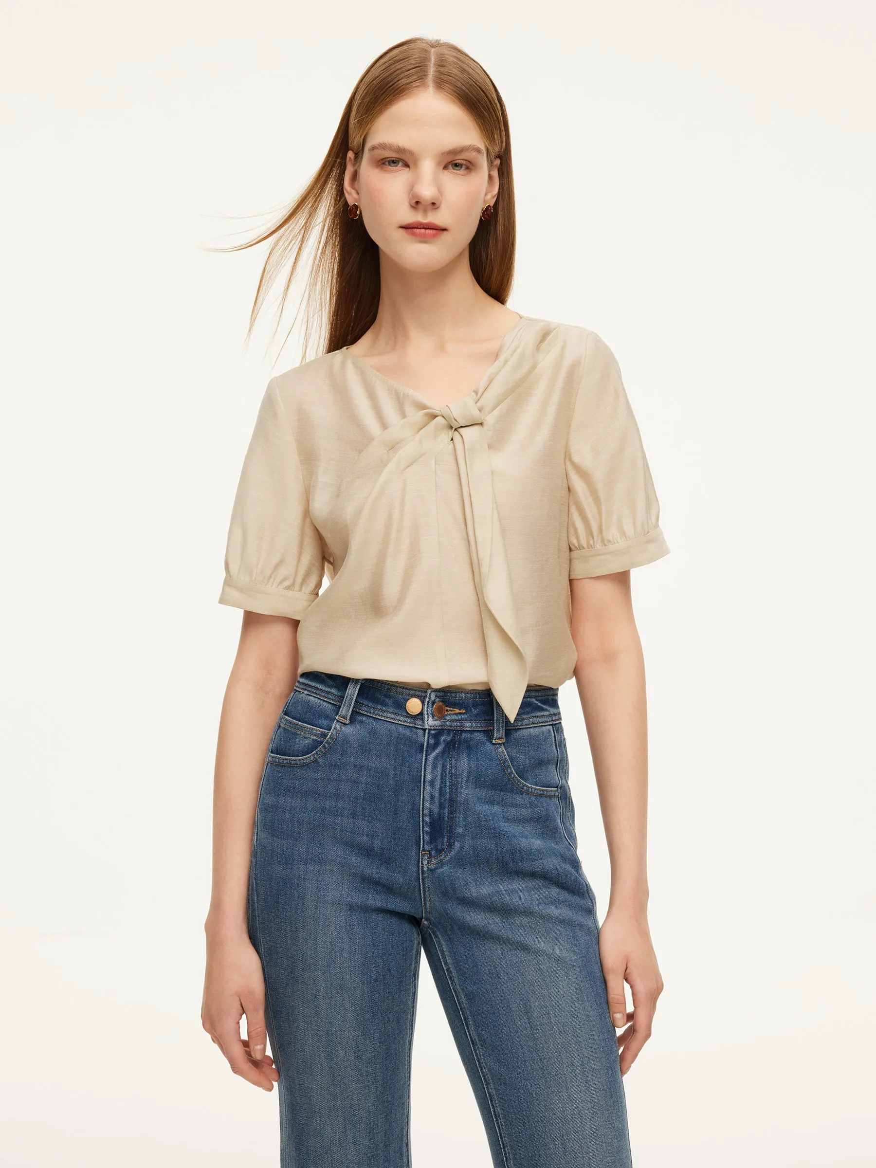 Tencel Acetate Linen Blend Tie Neck Women Blouse sold by Goelia