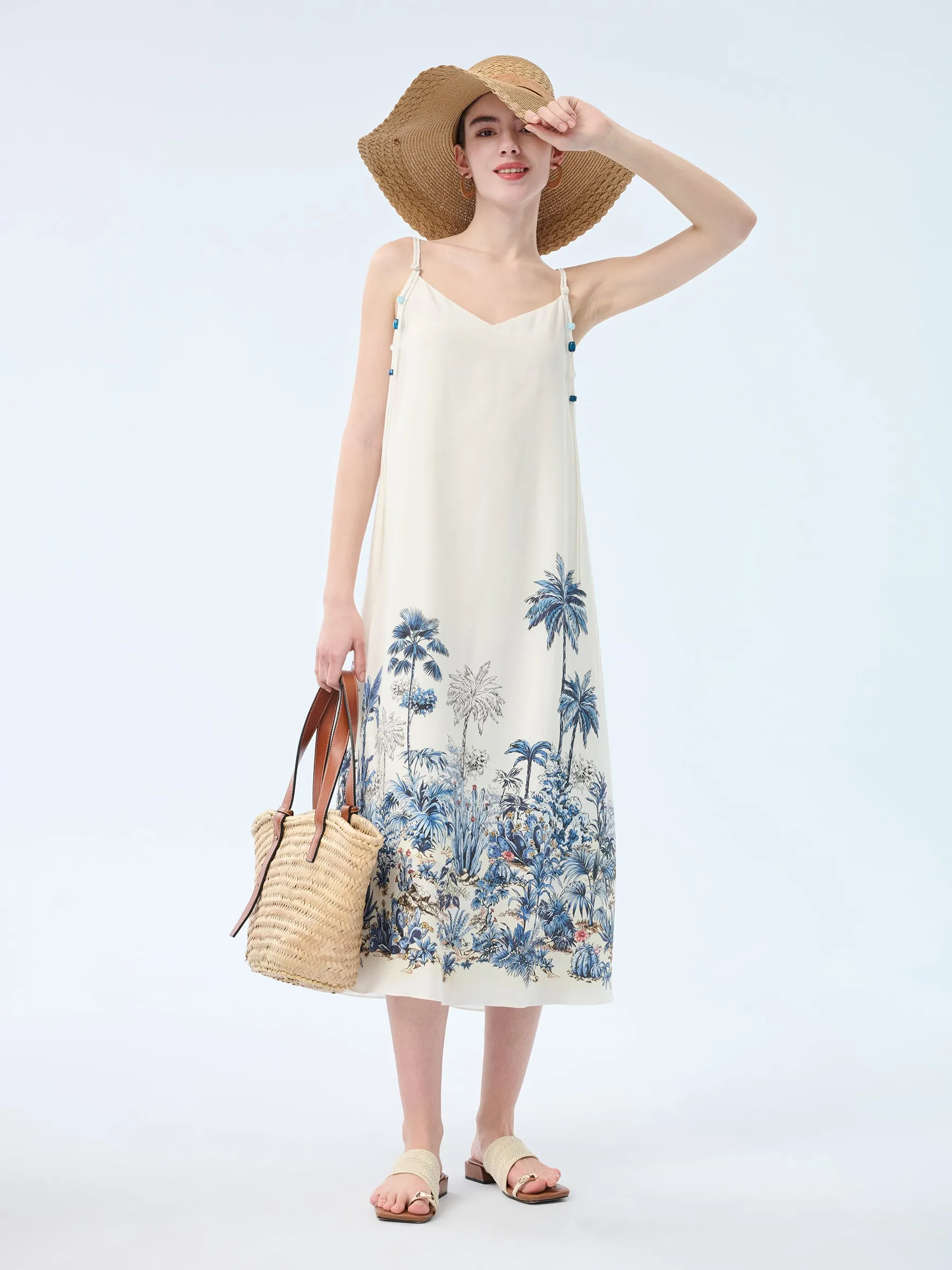 Tencel Linen Blend Floral Print Women Strap Maxi Dress sold by Goelia