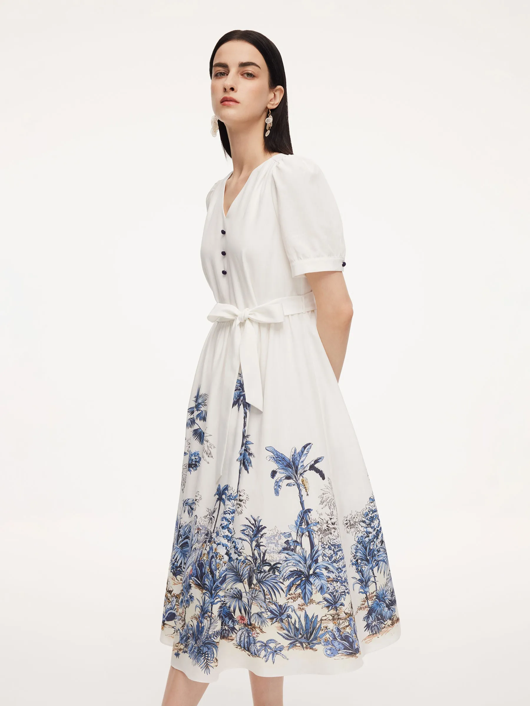 Pre-Order Tencel Linen Floral Print Women V-Neck Midi Dress With Self-Tie Belt sold by Goelia product image thumbnail 5