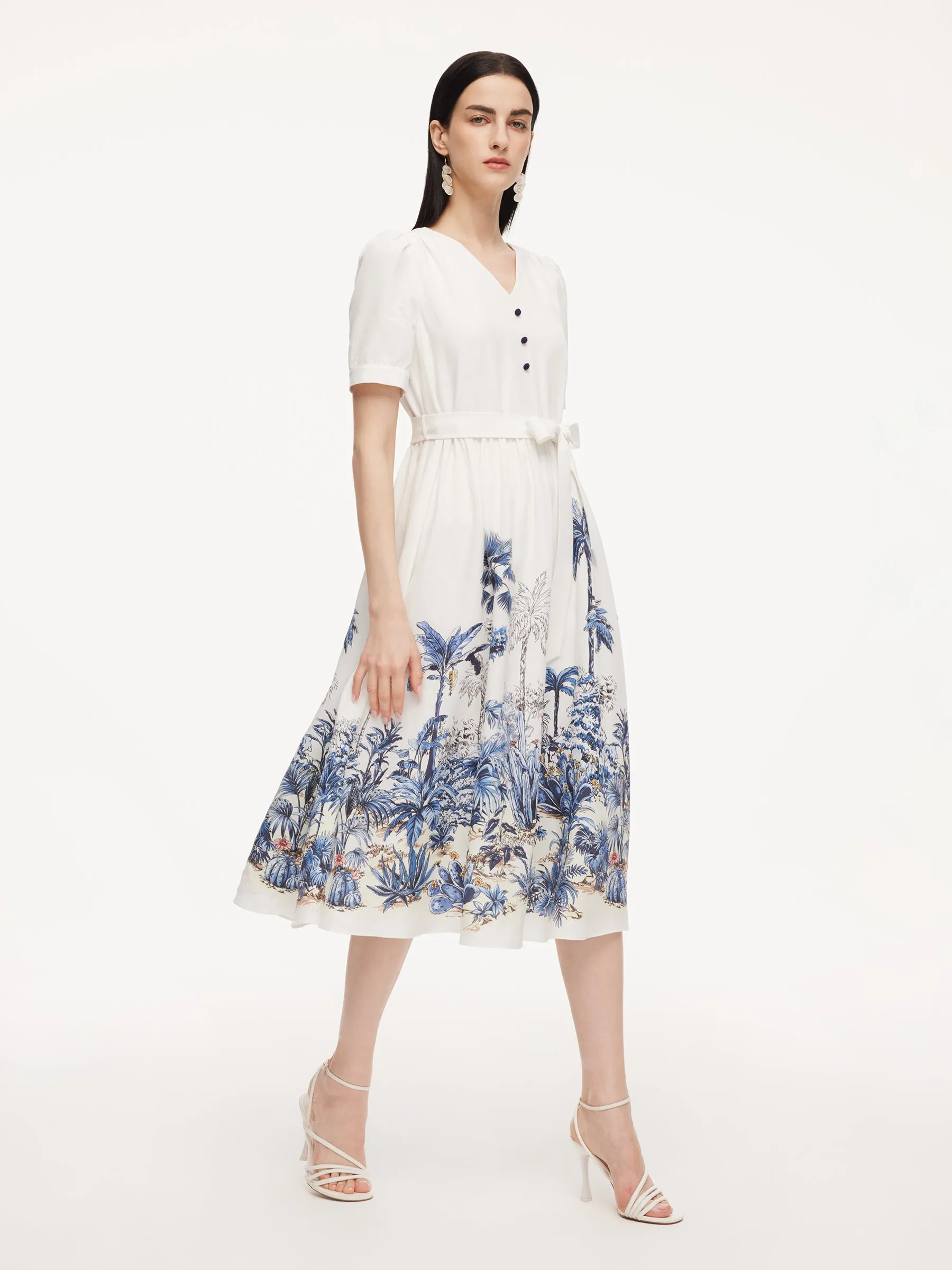 Pre-Order Tencel Linen Floral Print Women V-Neck Midi Dress With Self-Tie Belt sold by Goelia product image thumbnail 4