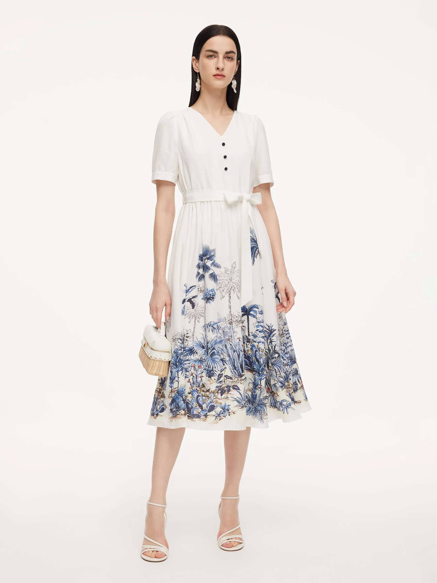 Pre-Order Tencel Linen Floral Print Women V-Neck Midi Dress With Self-Tie Belt sold by Goelia product image thumbnail 2