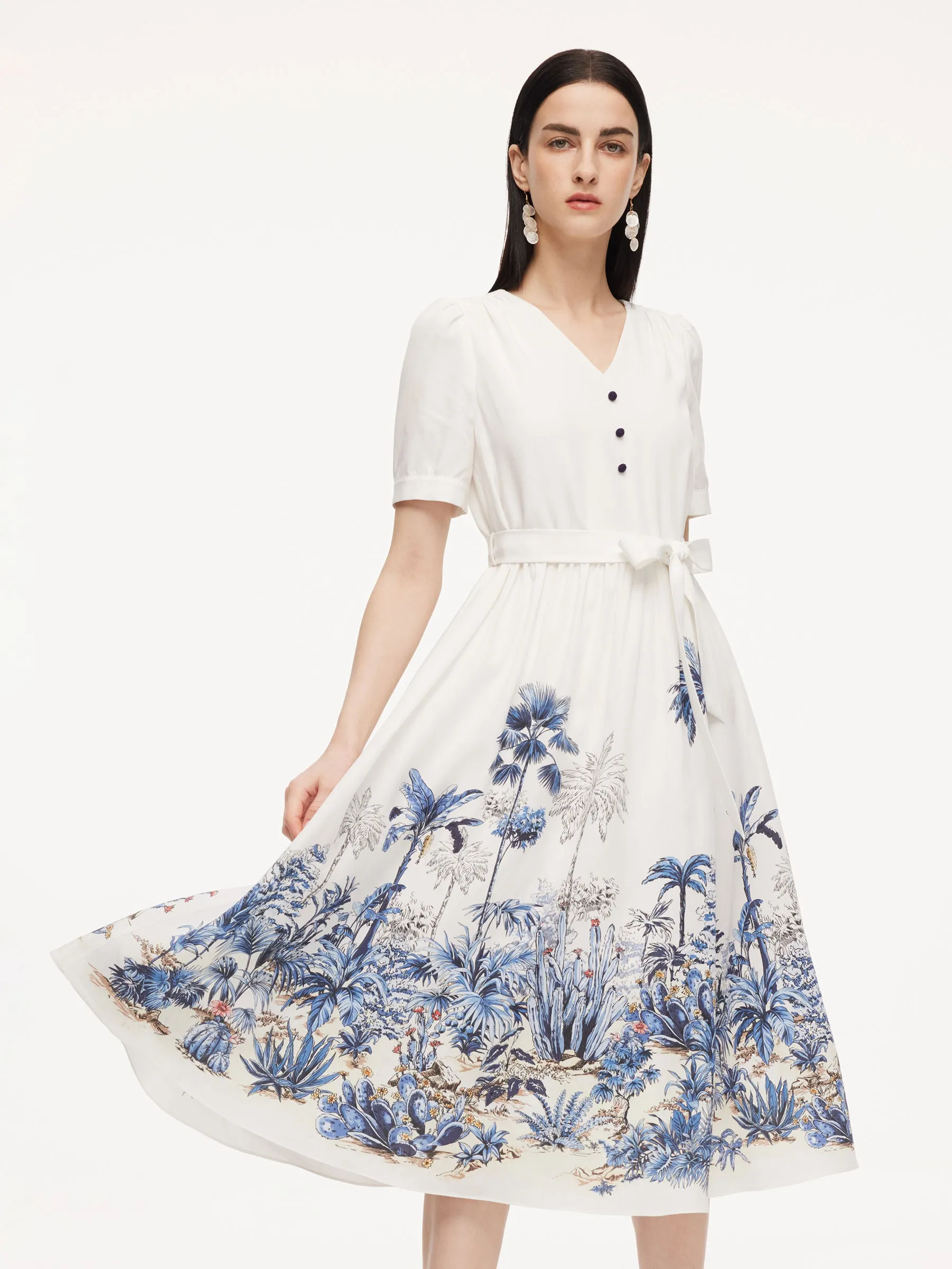 Pre-Order Tencel Linen Floral Print Women V-Neck Midi Dress With Self-Tie Belt sold by Goelia