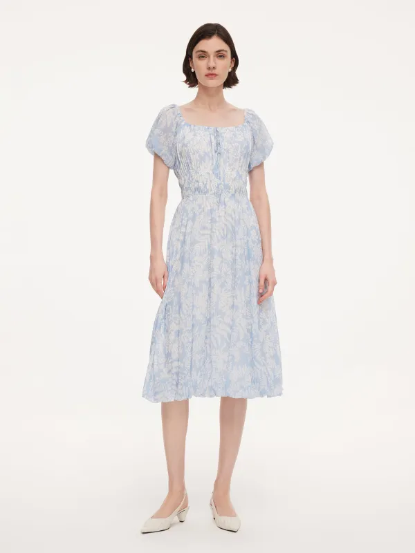 10MM Mulberry Silk Floral Print Women Bubble Hem Midi Dress With Scrunchie made by Goelia