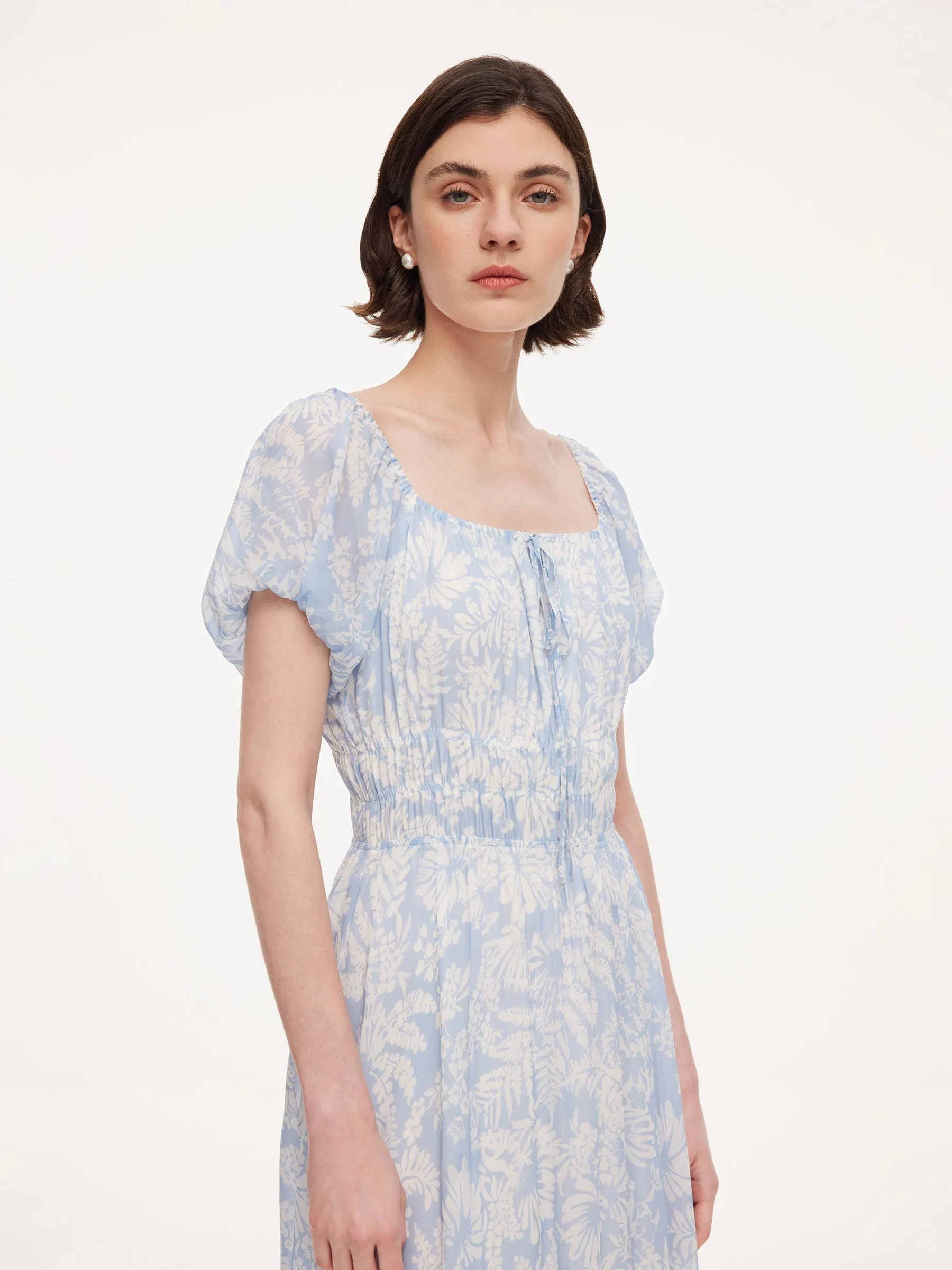 10MM Mulberry Silk Floral Print Women Bubble Hem Midi Dress With Scrunchie sold by Goelia product image thumbnail 5