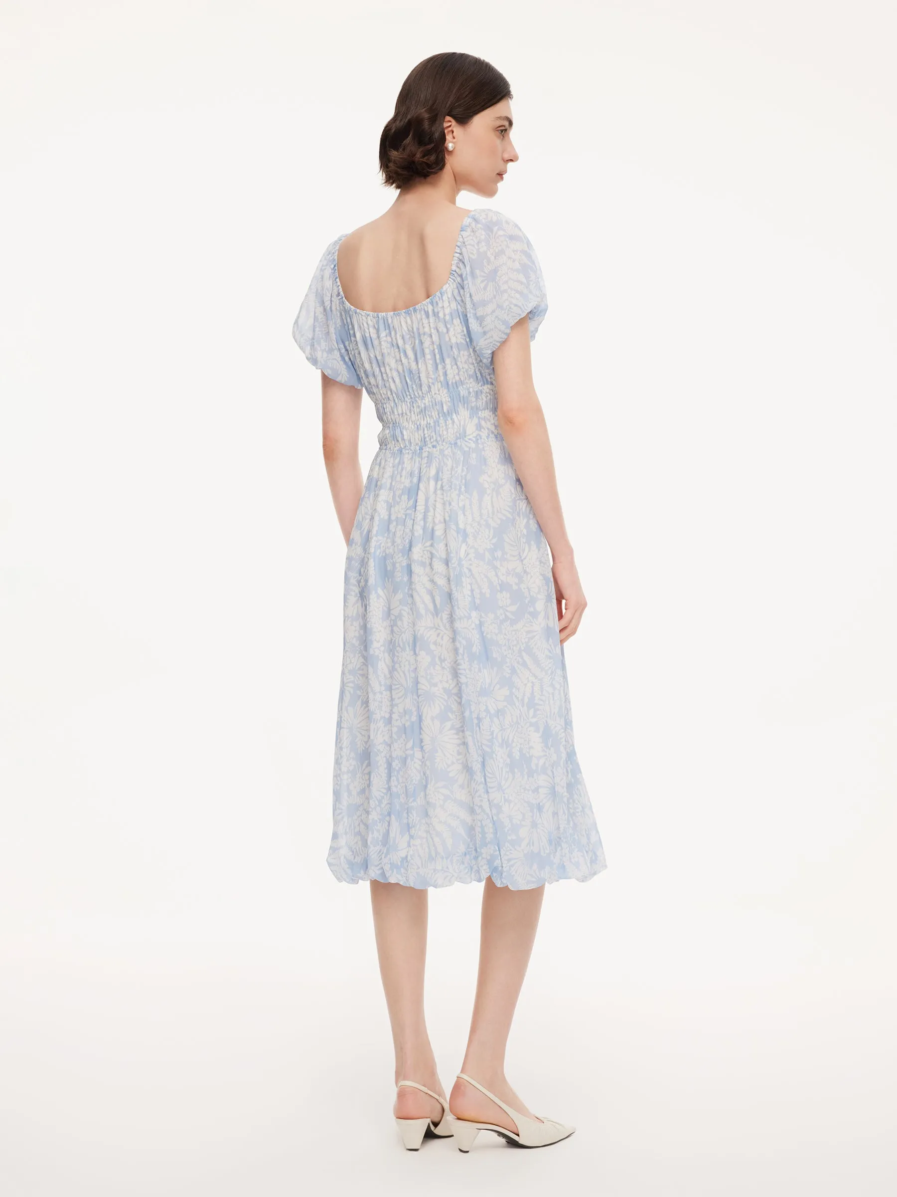 10MM Mulberry Silk Floral Print Women Bubble Hem Midi Dress With Scrunchie sold by Goelia product image thumbnail 3