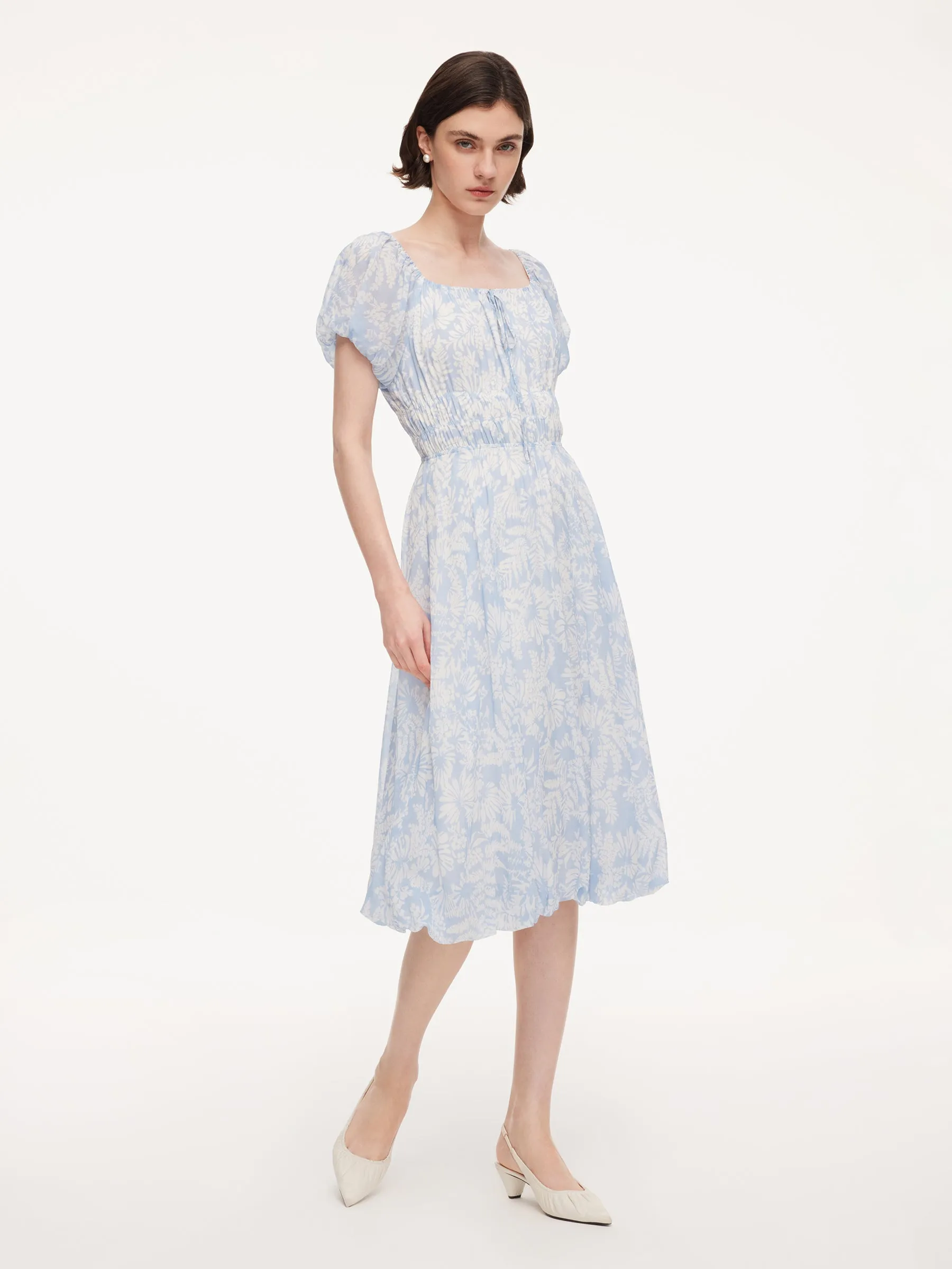 10MM Mulberry Silk Floral Print Women Bubble Hem Midi Dress With Scrunchie sold by Goelia product image thumbnail 2