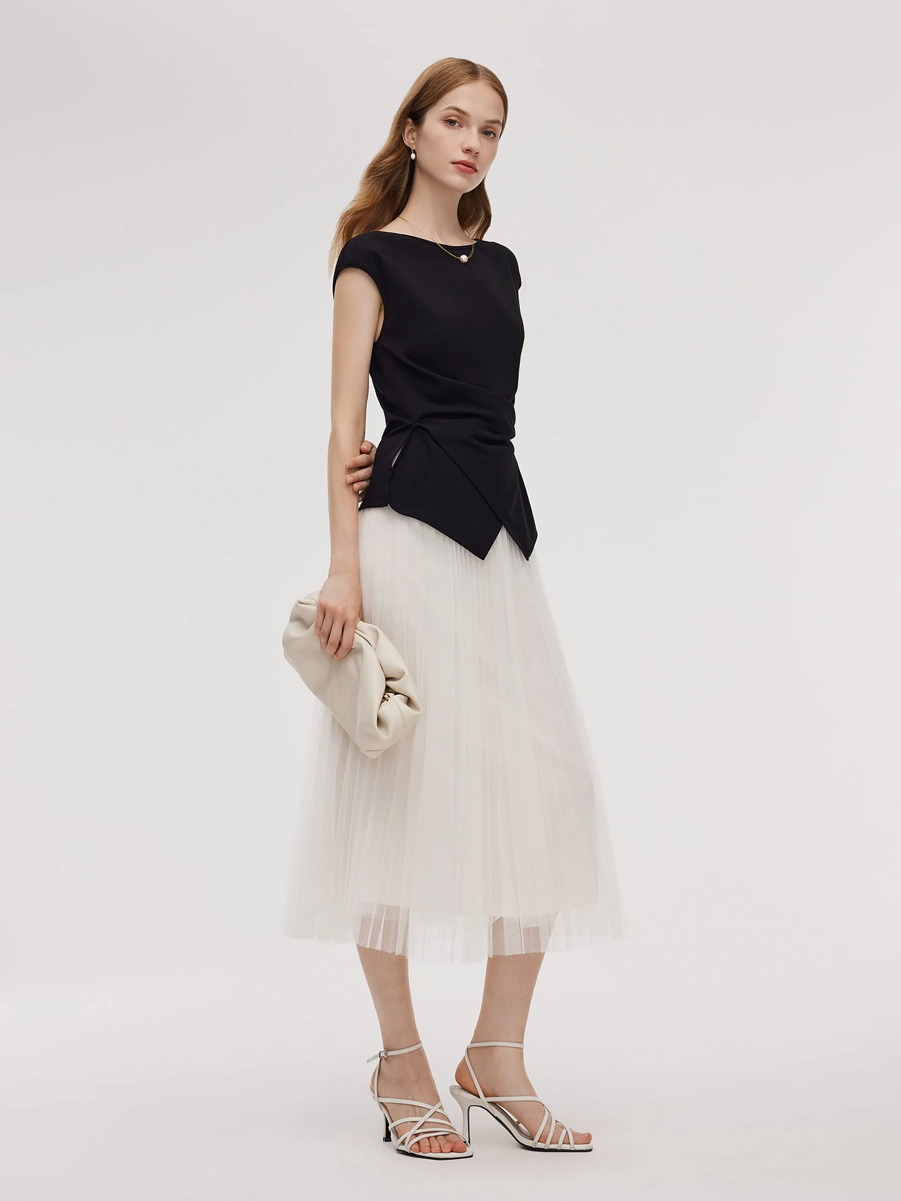 Adjustable Hem Knit Top And Mesh Pleated Skirt Two-Piece Set sold by Goelia product image thumbnail 4