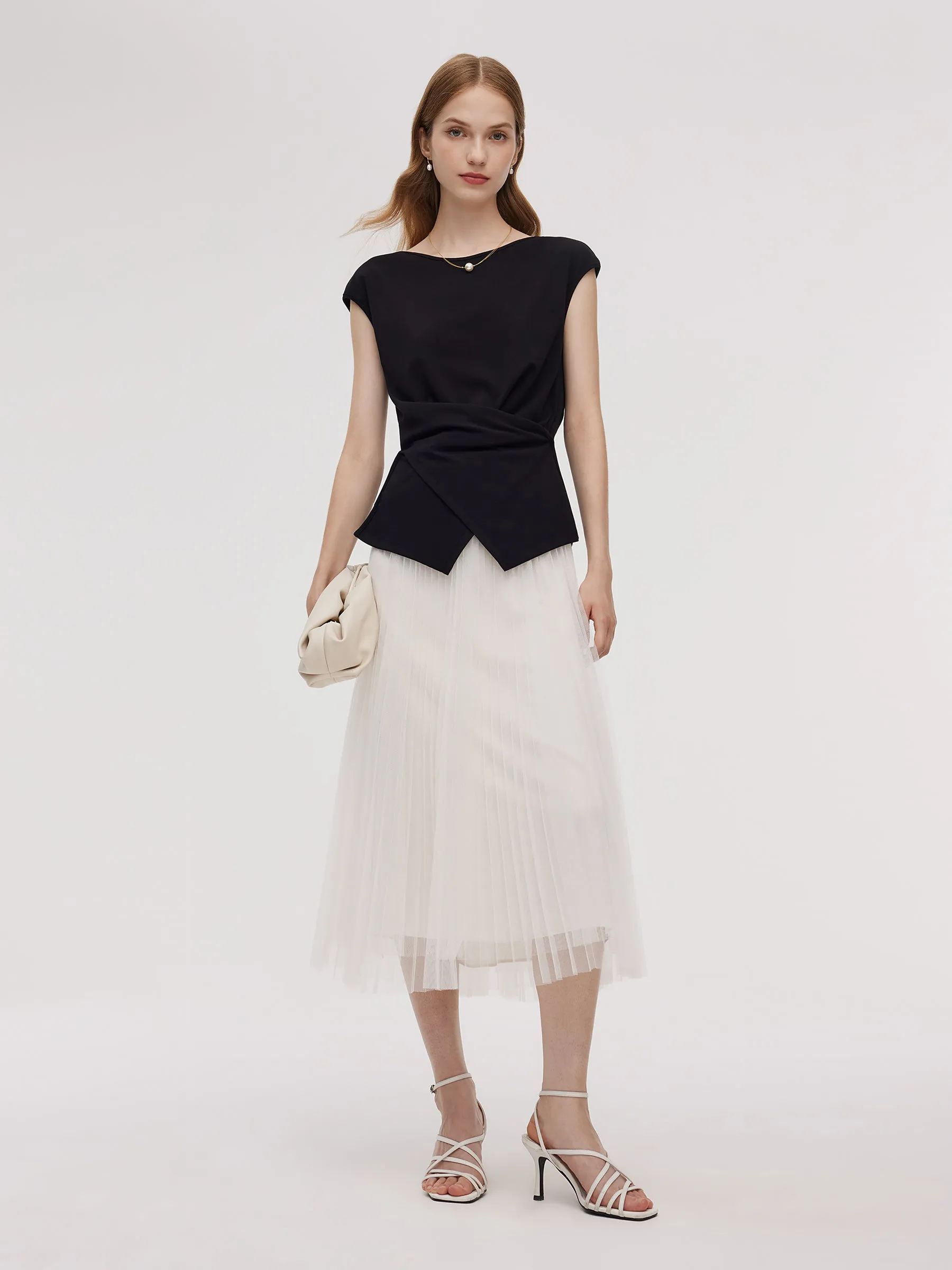 Adjustable Hem Knit Top And Mesh Pleated Skirt Two-Piece Set sold by Goelia