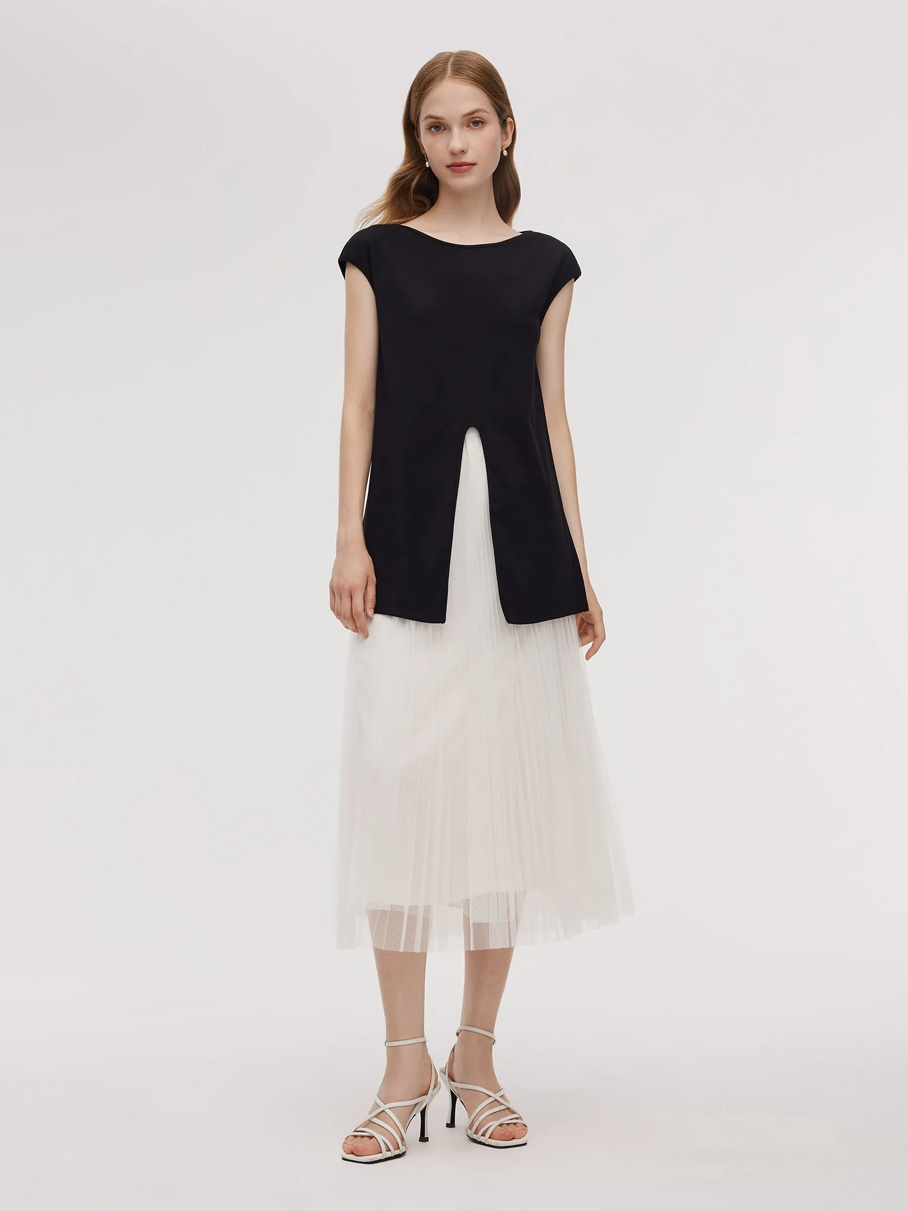 Adjustable Hem Knit Top And Mesh Pleated Skirt Two-Piece Set sold by Goelia product image thumbnail 5