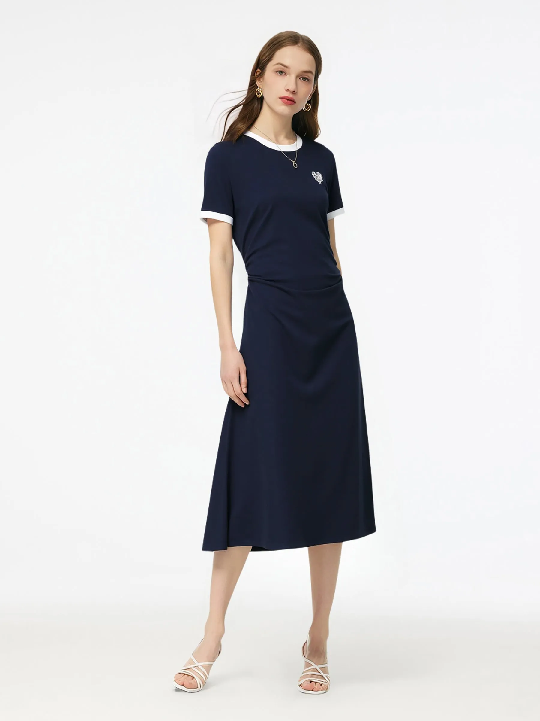 Side Pleat Round Neck Women Knit Midi Dress sold by Goelia