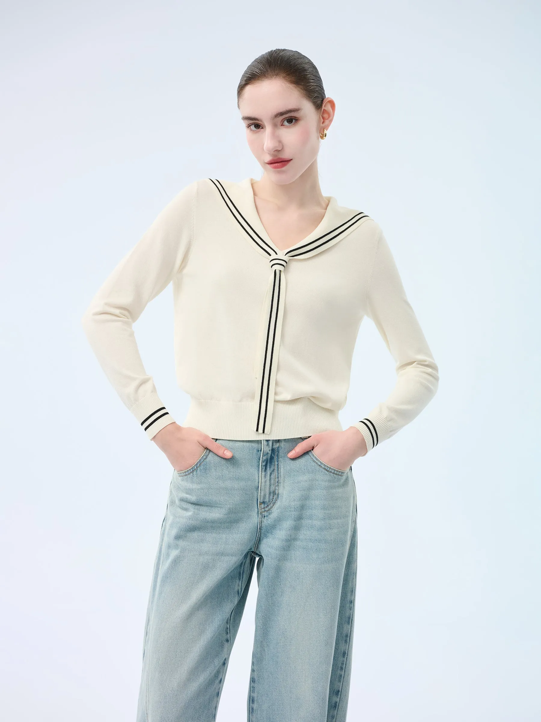 Tencel Blend Sailor Collar Women Knit Top sold by Goelia