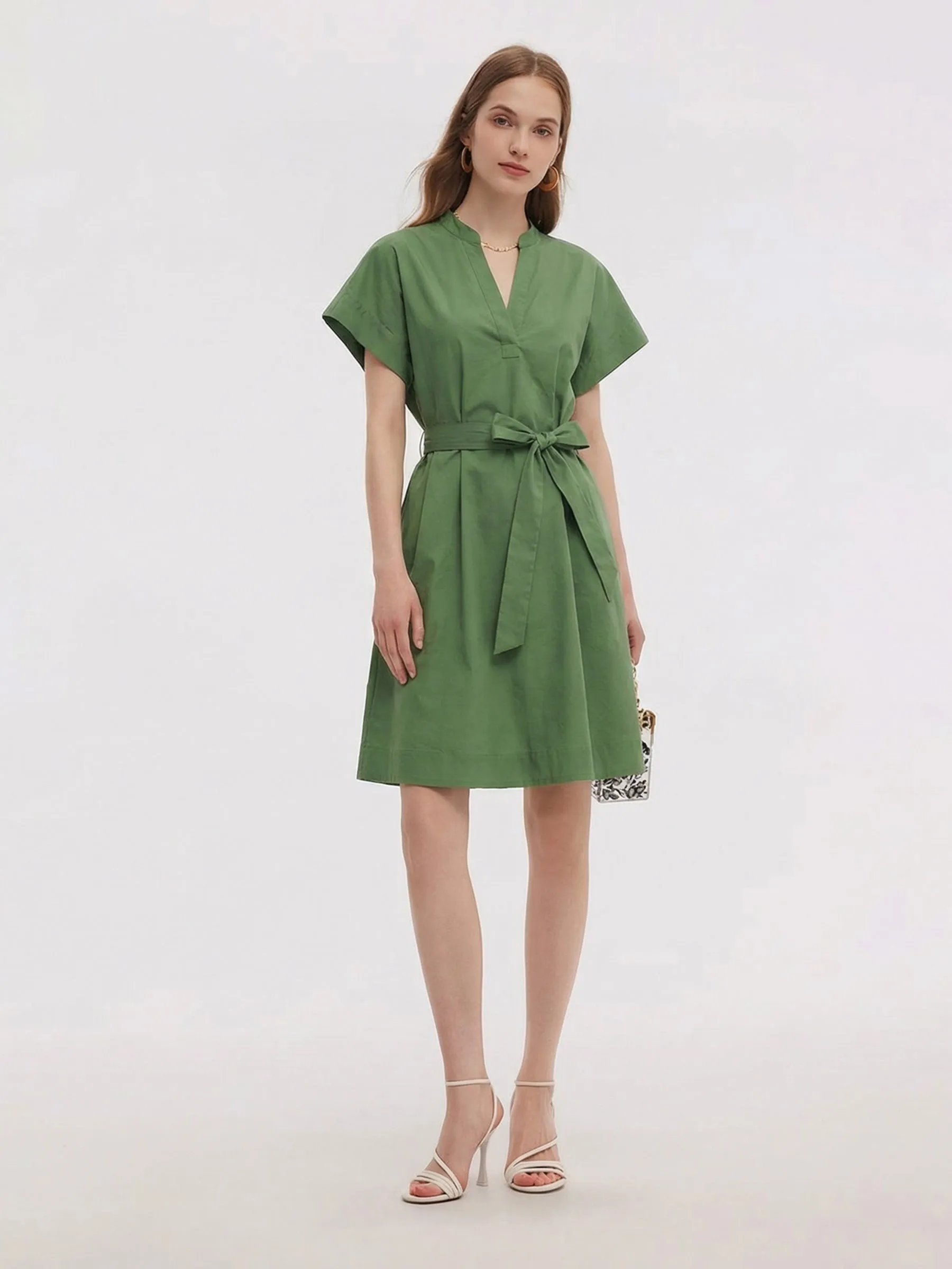 Cotton Gathered Waist Women Belted Mini Dress sold by Goelia product image thumbnail 4